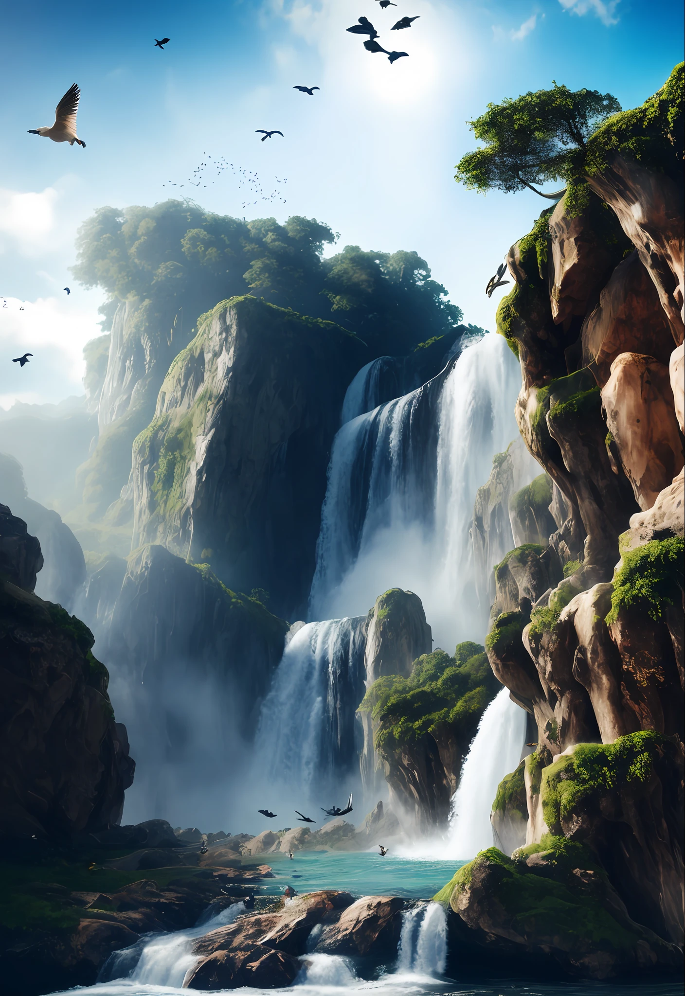 large ornate ancient cathedral in the ethereal jungle atop a waterfall with birds flying overhead, dramatic, high detail, love in the air, wisdom, beauty, respect of the water, cathedral is large and ancient and beautiful, sea serpent, 🐍, perfect render, --ar 9:16 --testp --s 1301 --upbeta