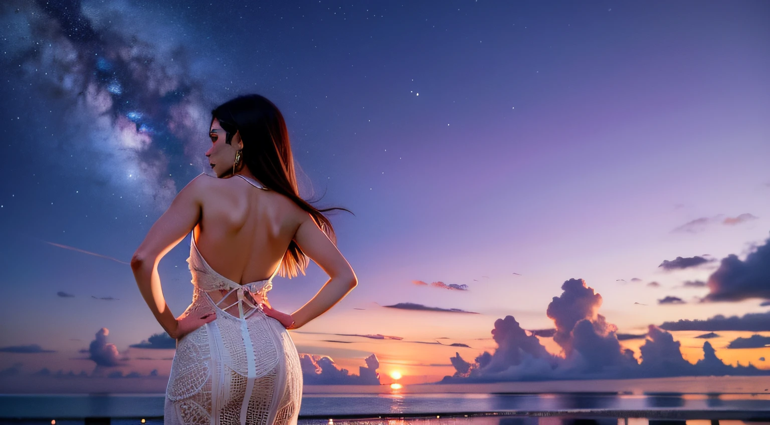 araffe woman in a white dress standing on a beach at sunset, she is approaching heaven, at sunrise, wearing a dress made of stars, girl watching sunset, gazing off into the horizon, looking at the sky, at sunset, background is heavenly, girl looks at the space, stunning atmosphere, looking off into the sunset, looking at sunset, from the side