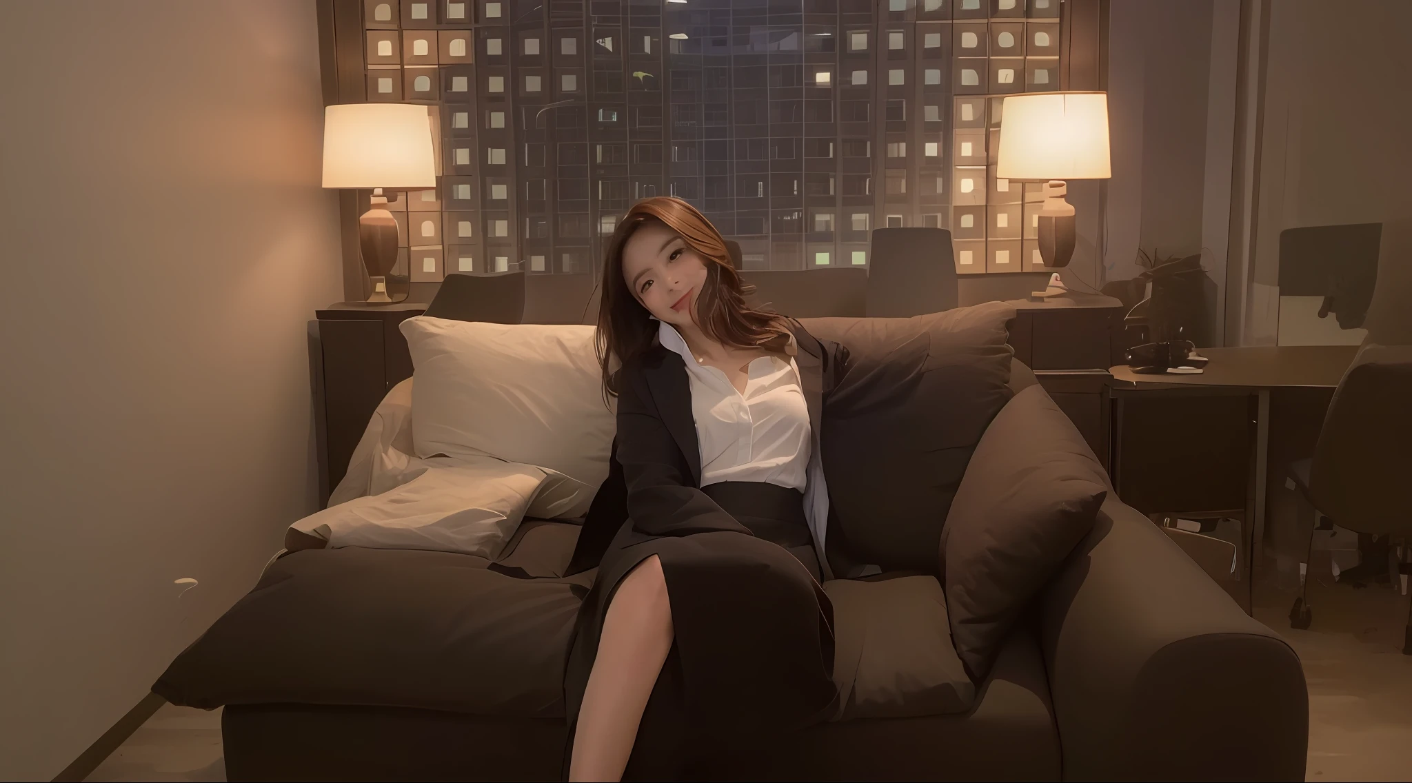((top quality, 8k, masterpiece: 1.3)), 1 girl, smile, full body, slim face, pretty woman, (dark brown hair), , ultra detailed face, detailed eyes, double eyelids, blurred background, slim face, city, outside, street, office lady, mini skirt, suit