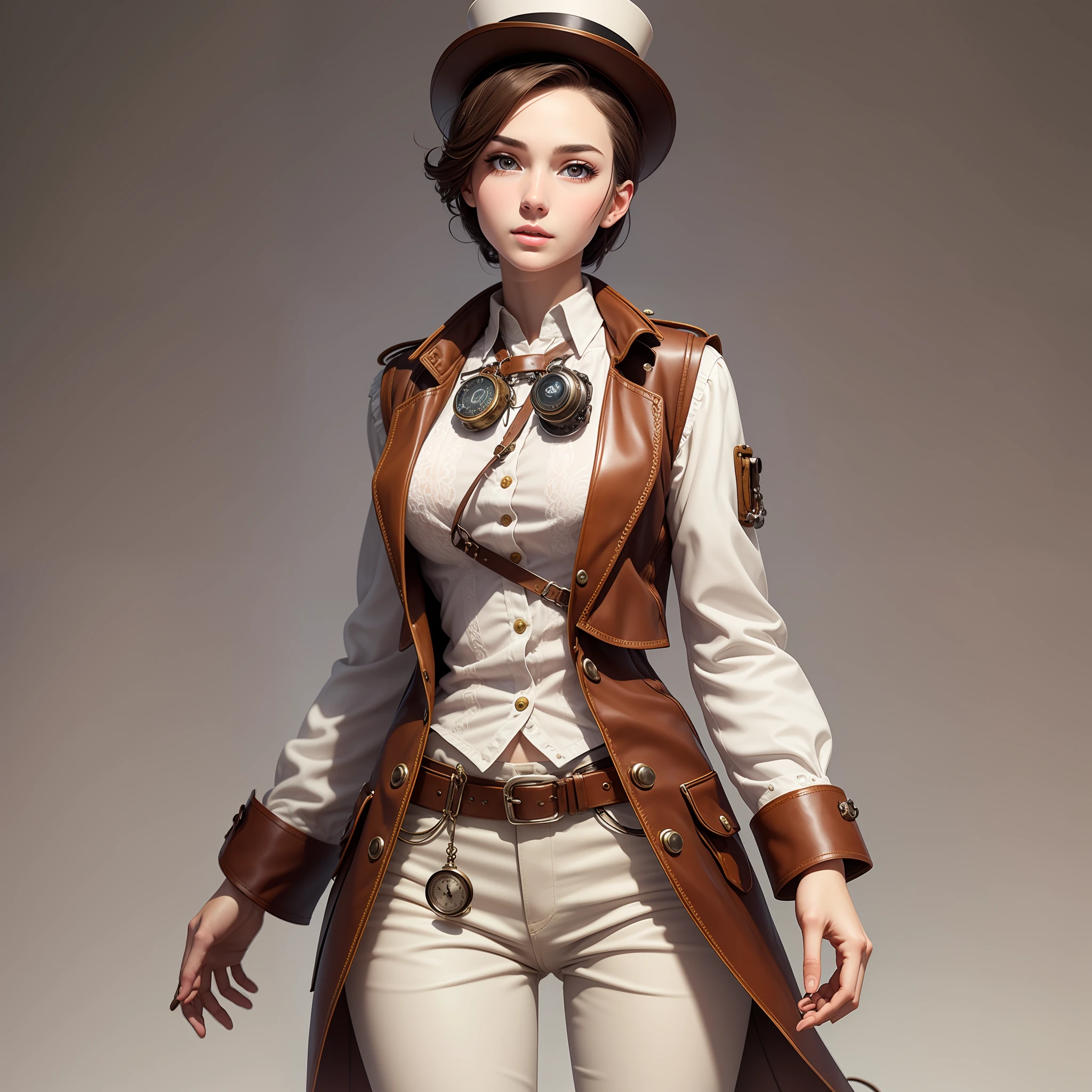 steampunk, very detailed beautiful girl, very detailed face, very detailed eyes, very detailed skin, very detailed fingers, very detailed nose, very detailed detailed mouth, perfect anatomy, detailed background, detailed clothes, one girl, (20:1.2), 20s, incredible beautiful girl, realistic body, petite, white skin, radiant skin, slim body, handsome body, brown hair, Medium Cut Hair, Pretty, Youthful, Pretty Face, Realistic Face, Delicate Eyes, Saggle Eyes, Top Hat, Antique Pilot Goggles, Leather Vest, White Blouse, Leather Pants, Long Boots, Camera Gaze, Cowboy Shot, Front Face, Standing Posture, Contrapposto, Dynamic Lighting, Small Pretty, Cowboy Shot