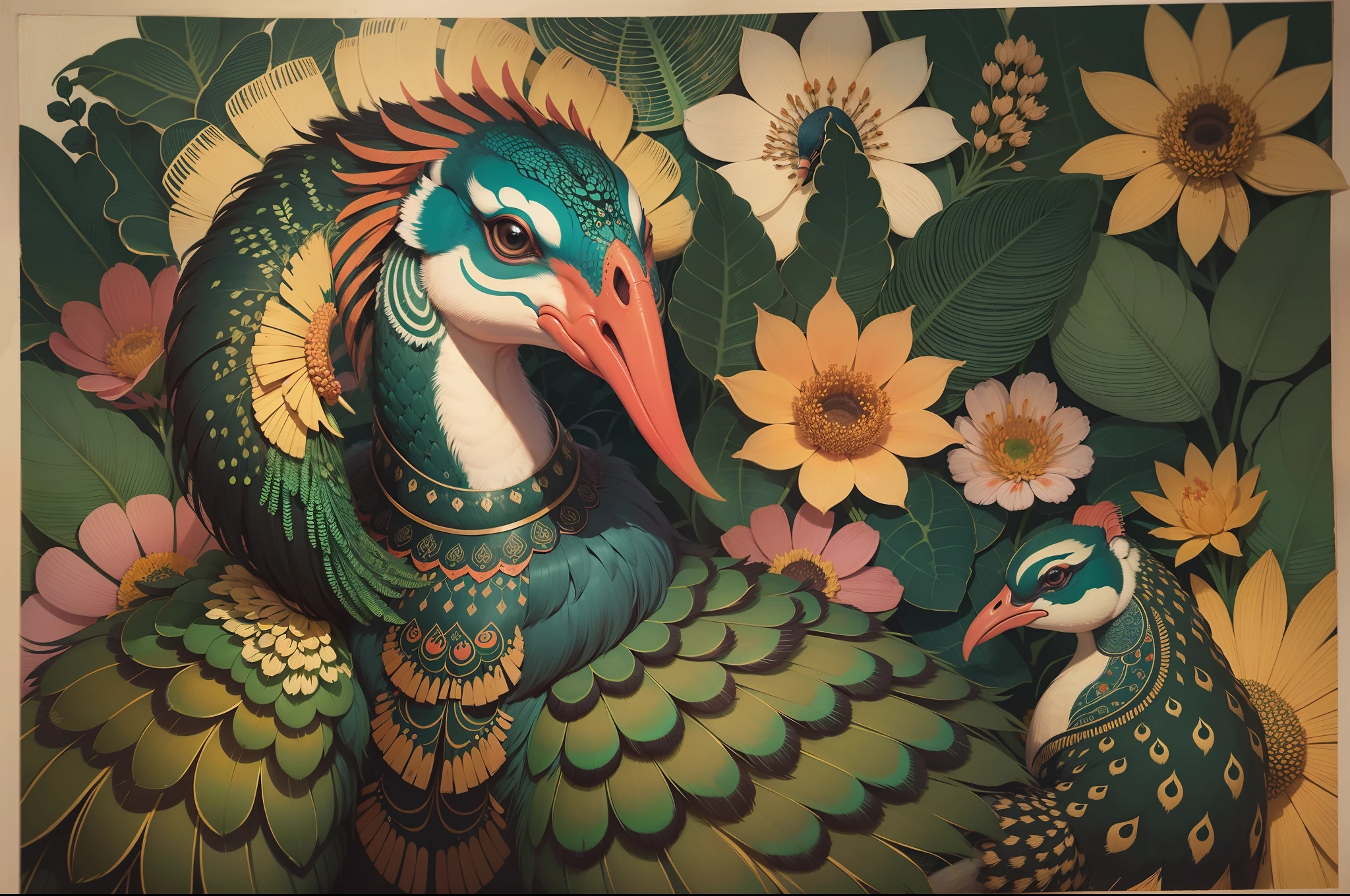 Imagine a Kalighat Painting inspired by the vibrant flora and fauna of India. Capture the beauty of peacocks, elephants, or other animals in their natural habitat, with intricate detailing and vibrant colors --auto --s2