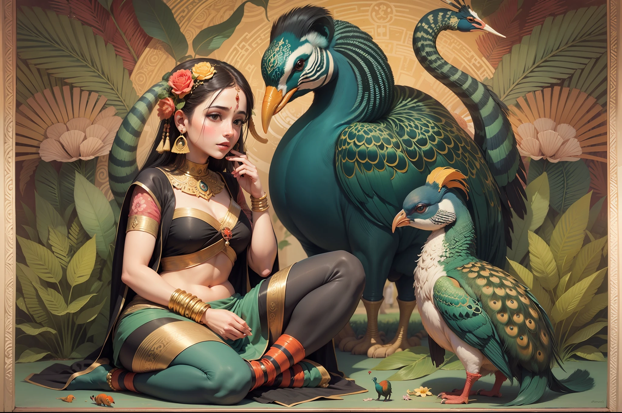 Imagine a Kalighat Painting inspired by the vibrant flora and fauna of India. Capture the beauty of peacocks, elephants, or other animals in their natural habitat, with intricate detailing and vibrant colors --auto --s2