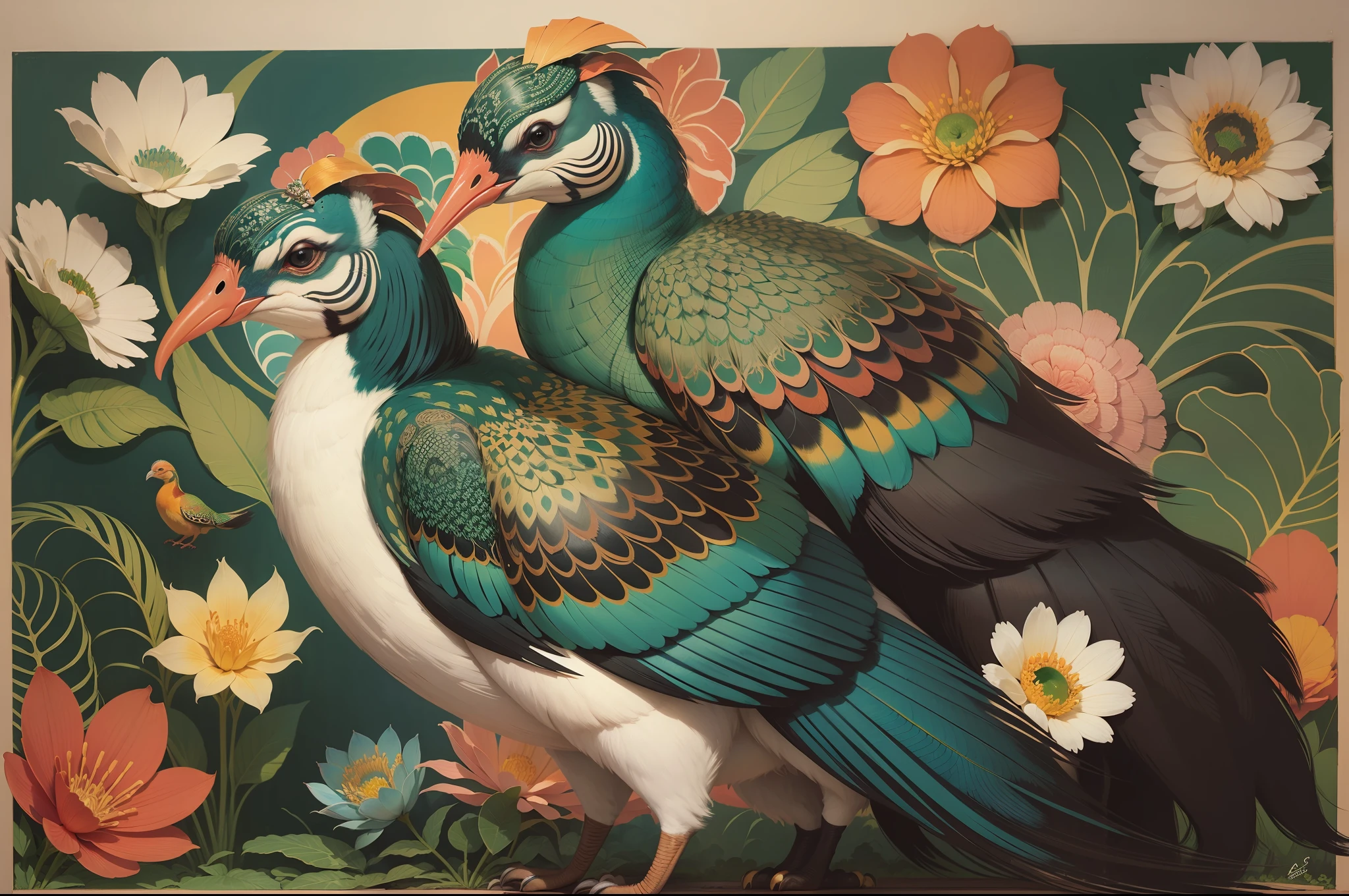 Imagine a Kalighat Painting inspired by the vibrant flora and fauna of India. Capture the beauty of peacocks, elephants, or other animals in their natural habitat, with intricate detailing and vibrant colors --auto --s2
