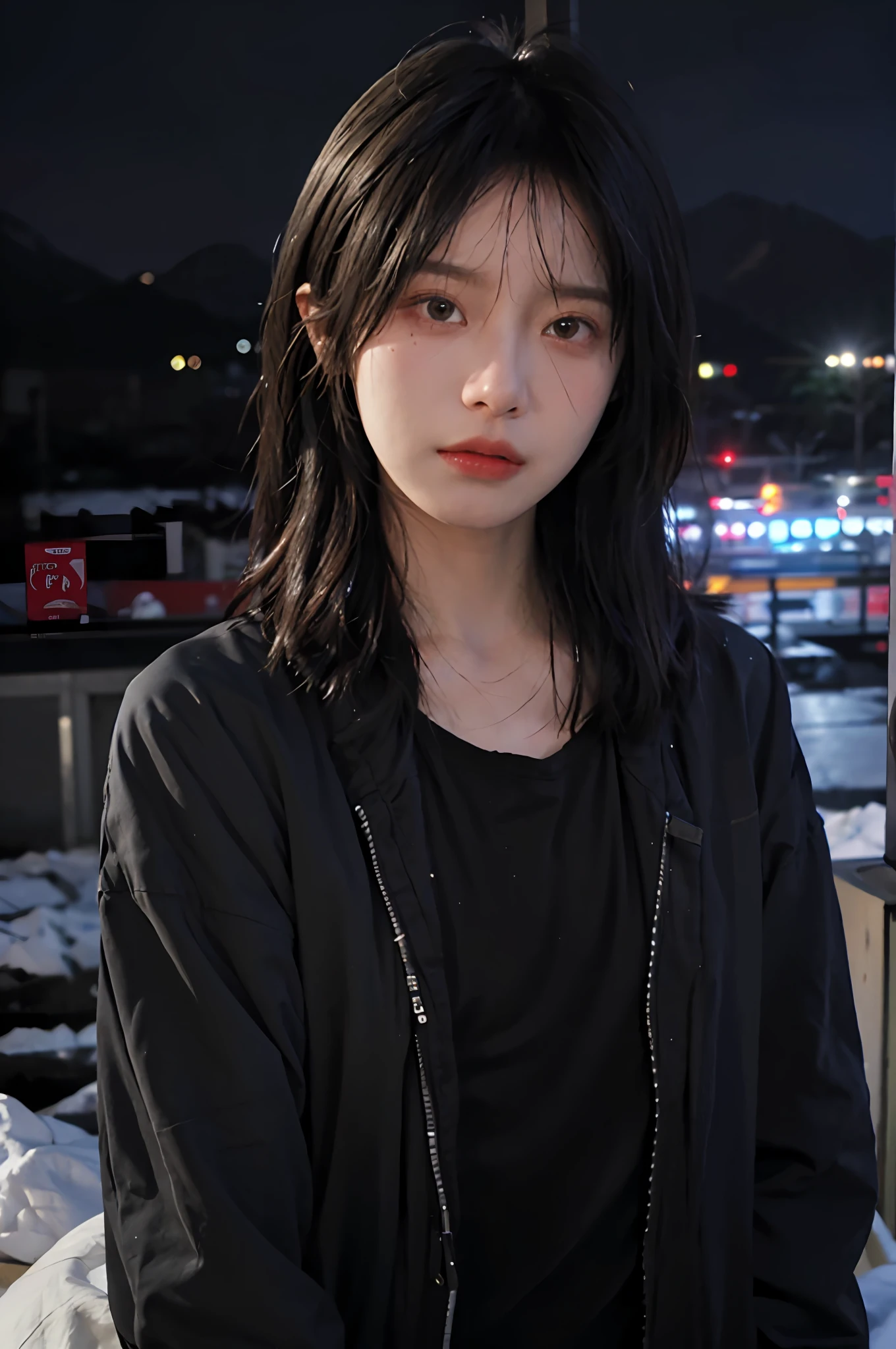Best Quality, Masterpiece, Ultra High Resolution, (Realistic:1.4), Original Photo, 1girl, ((Black Mountain Suit), ((Small Chest)), Cold Light, Night Scene, Original Photo, Tears