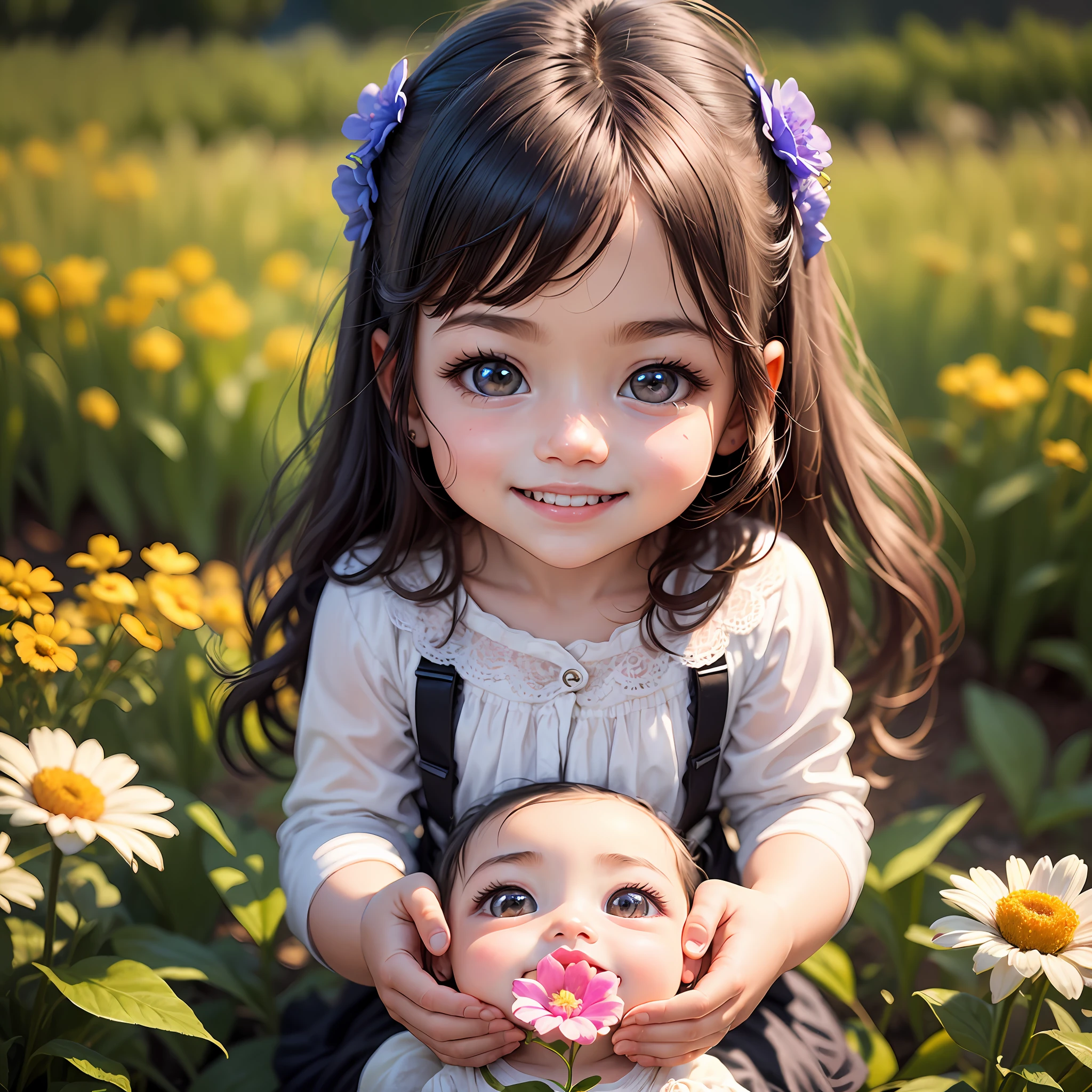 , beautiful little eyes, stunnin, beautiful smile, happiness, looking at a beautiful little flower, image with a high quality, sparkles in detail --auto