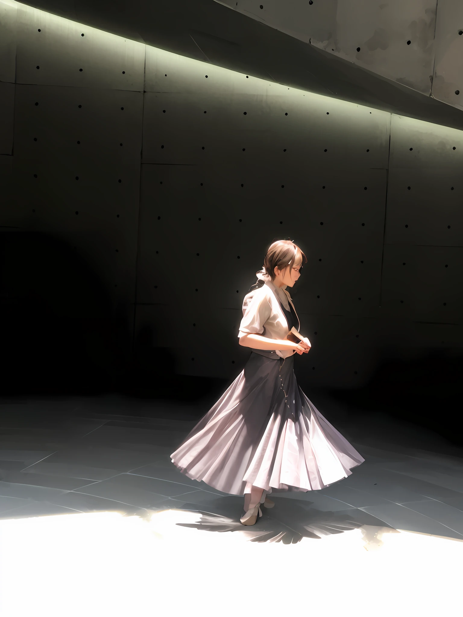 there is a woman walking in a dark room with a light on, style of yoshii chie, captured on iphone, shot with iphone 1 0, twirling, whirling, in tokio, various pose, dressed in long fluent skirt, in a glowing skirt, swirling around, morning light, 奈良美智, full pose
