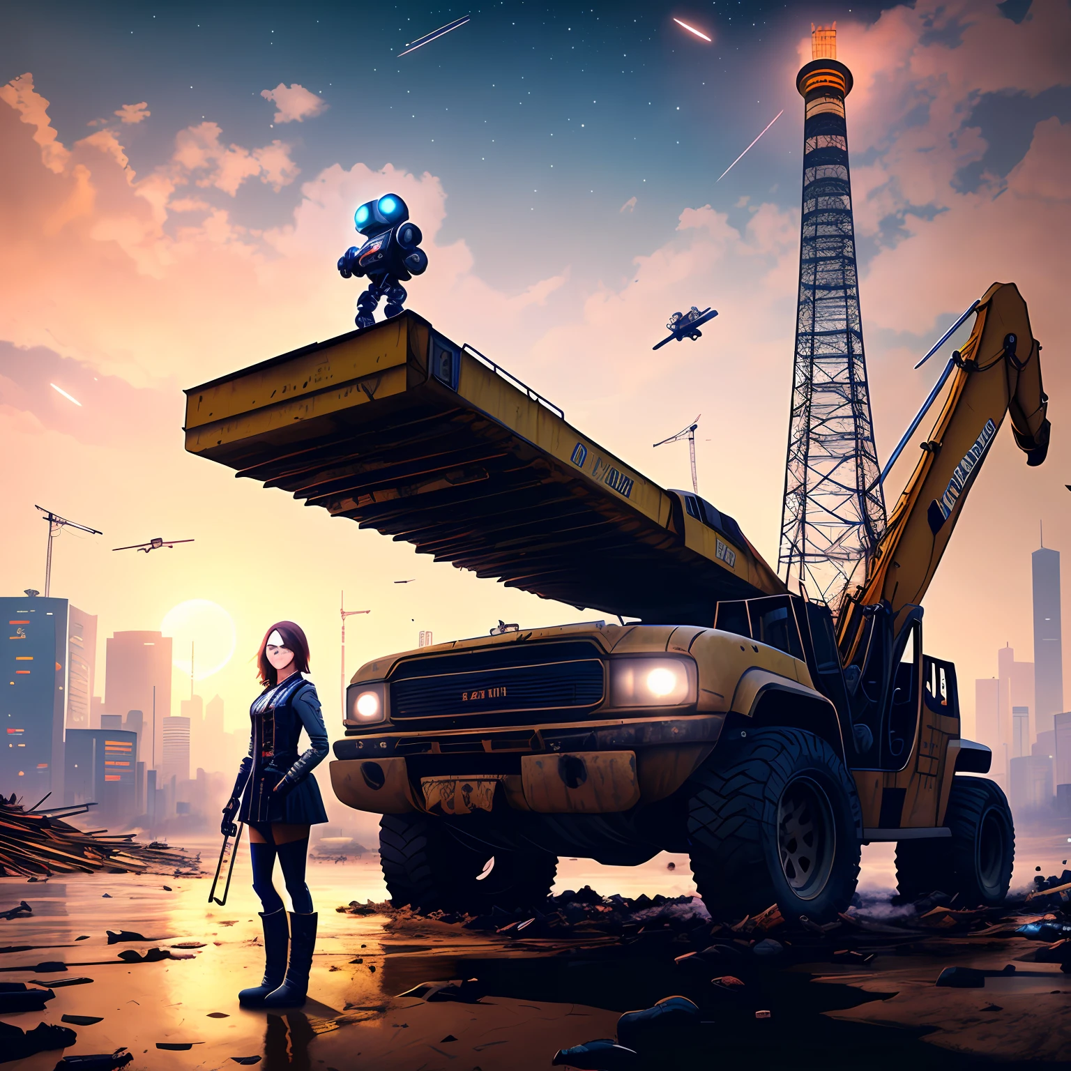 beautiful and detailed image, drossel, double tail, boots, woman, robot, smile, blue eyes, looking at the audience, small breasts, 4k, masterpiece, best quality, solo, single character, high detail, (no mouth), big eyes, full length, future, science fiction, legs, metal hair, huge dump, excavator, grim, tower, garbage mountain, wrecked car, ruined city, sunset, evening, city ruins, anime characters, android, android, robotic, sfw, starry sky, human height, Flooded city, construction crane, legs outstretched, cyberpunk 2077, neon, sandstorm