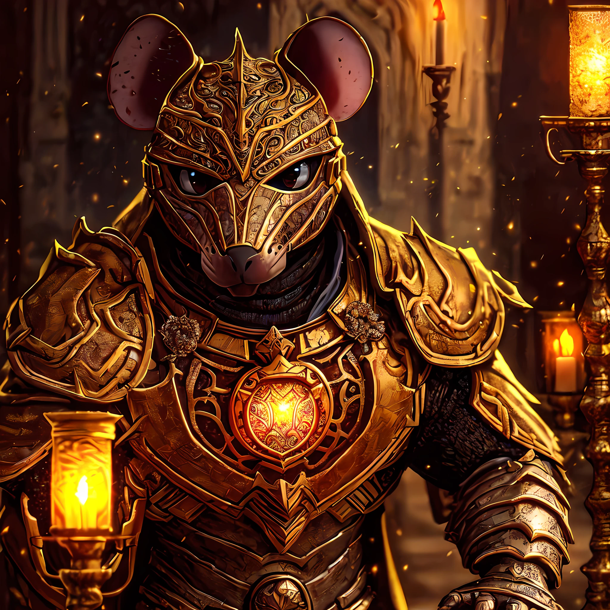 Masterpiece, best quality, epic mouse knight, mouse, exquisite armor, intricate design, gold, silk, cinematic lighting, 4k, lanterns, candlesticks