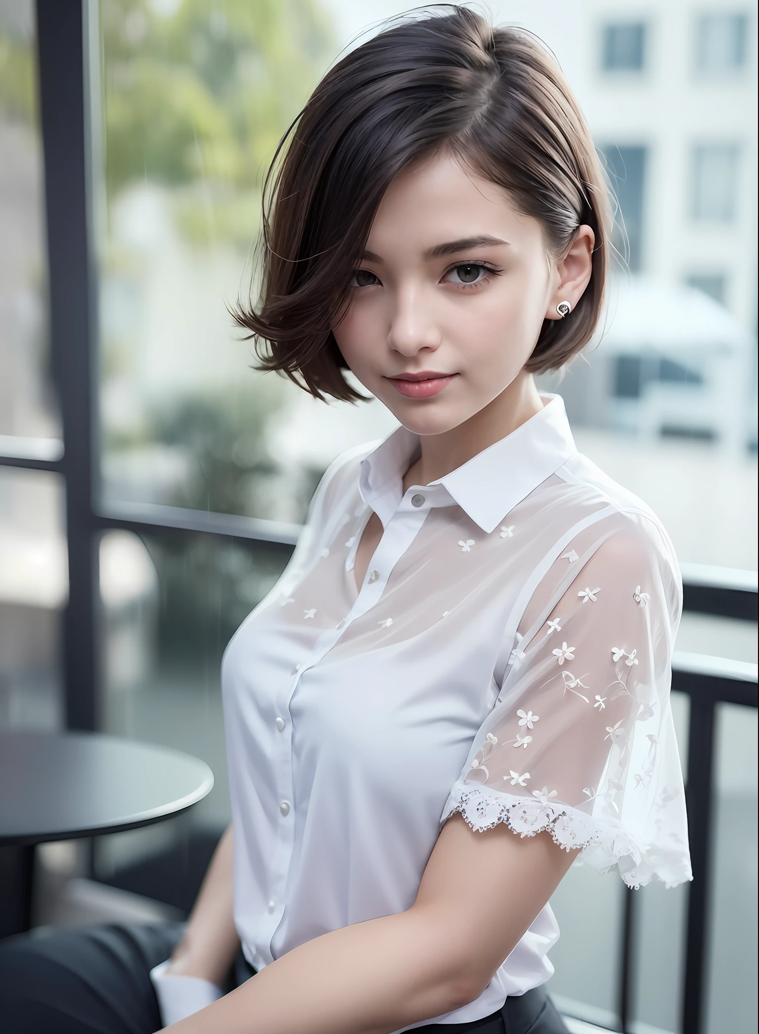 (8k, Best Quality, Masterpiece: 1.2), (Realistic, Realistic: 1.37), Ultra Detailed, 1 Girl, Cute, Solo, Beautiful Detailed Sky, Detailed Cafe, Night, Sitting, Dating, ( red nose), (smile: 1.15), (shut up) small breasts, beautiful and delicate eyes, (collared shirt: 1.1), night, wet, business attire, rain, white lace, (short hair: 1.2), flowing hair NovaFrogStyle,