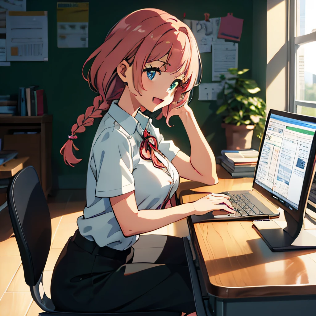 Anime illustrations in the style of "Kyoto Animation", highest quality, (cute: 1.1), (cute), (high resolution: 1.2), incredibly ridiculous: 1.3, incredibly fine illustrations, break 1 beautiful girl, Solo, (heterochromia, light blue eyes and light green eyes), silhouette of star eyes, solo, standing figure, happy, :d, princess eyes, big breasts, break, braid, light pink hair, semi-long hair, red ribbon at the end of braid, sitting at desk, Back angle, looking at PC, touching keyboard, office, break, shirt, black slacks