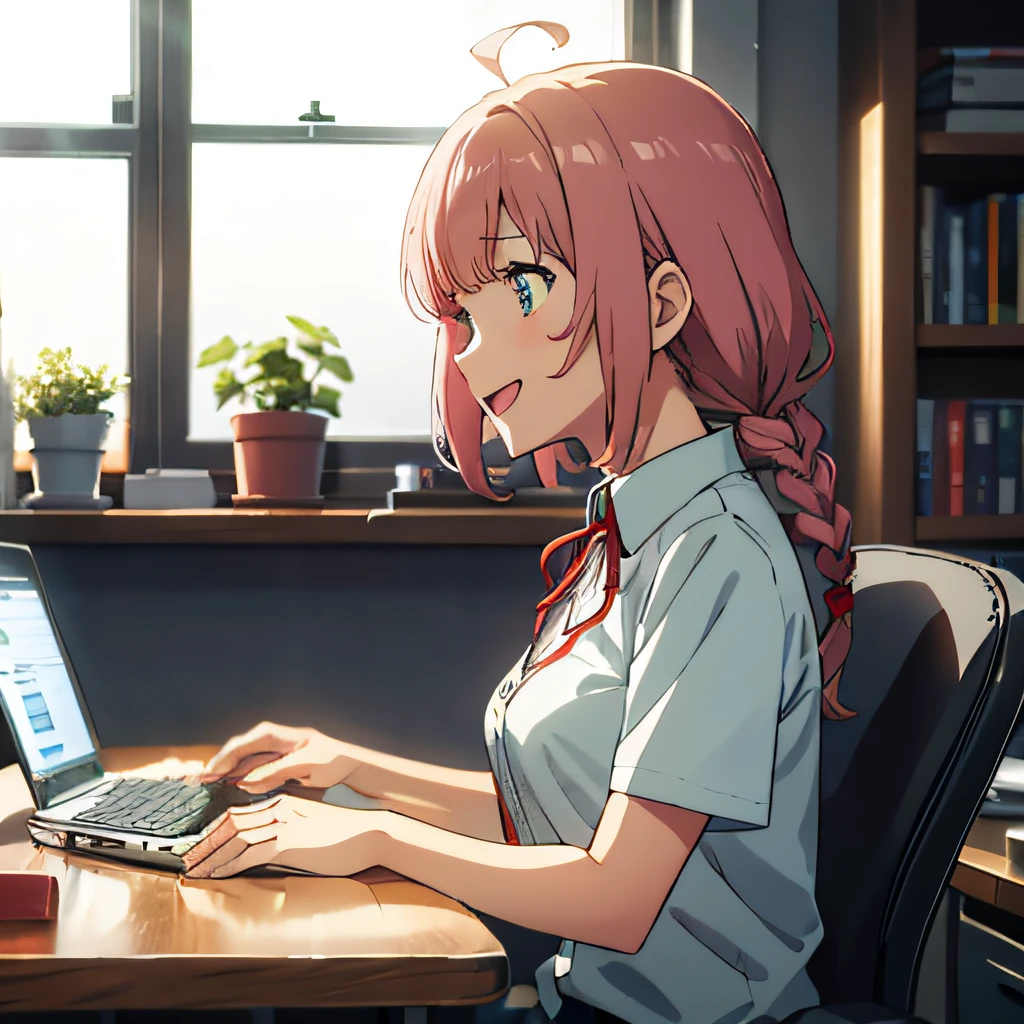 Anime illustrations in the style of "Kyoto Animation", highest quality, (cute: 1.1), (cute), (high resolution: 1.2), incredibly ridiculous: 1.3, incredibly fine illustrations, break 1 beautiful girl, Solo, (heterochromia, light blue eyes and light green eyes), silhouette of star eyes, solo, standing figure, happy, :d, princess eyes, big breasts, break, braid, light pink hair, semi-long hair, red ribbon at the end of braid, sitting at desk, Back angle, looking at PC, touching keyboard, office, break, shirt, black slacks