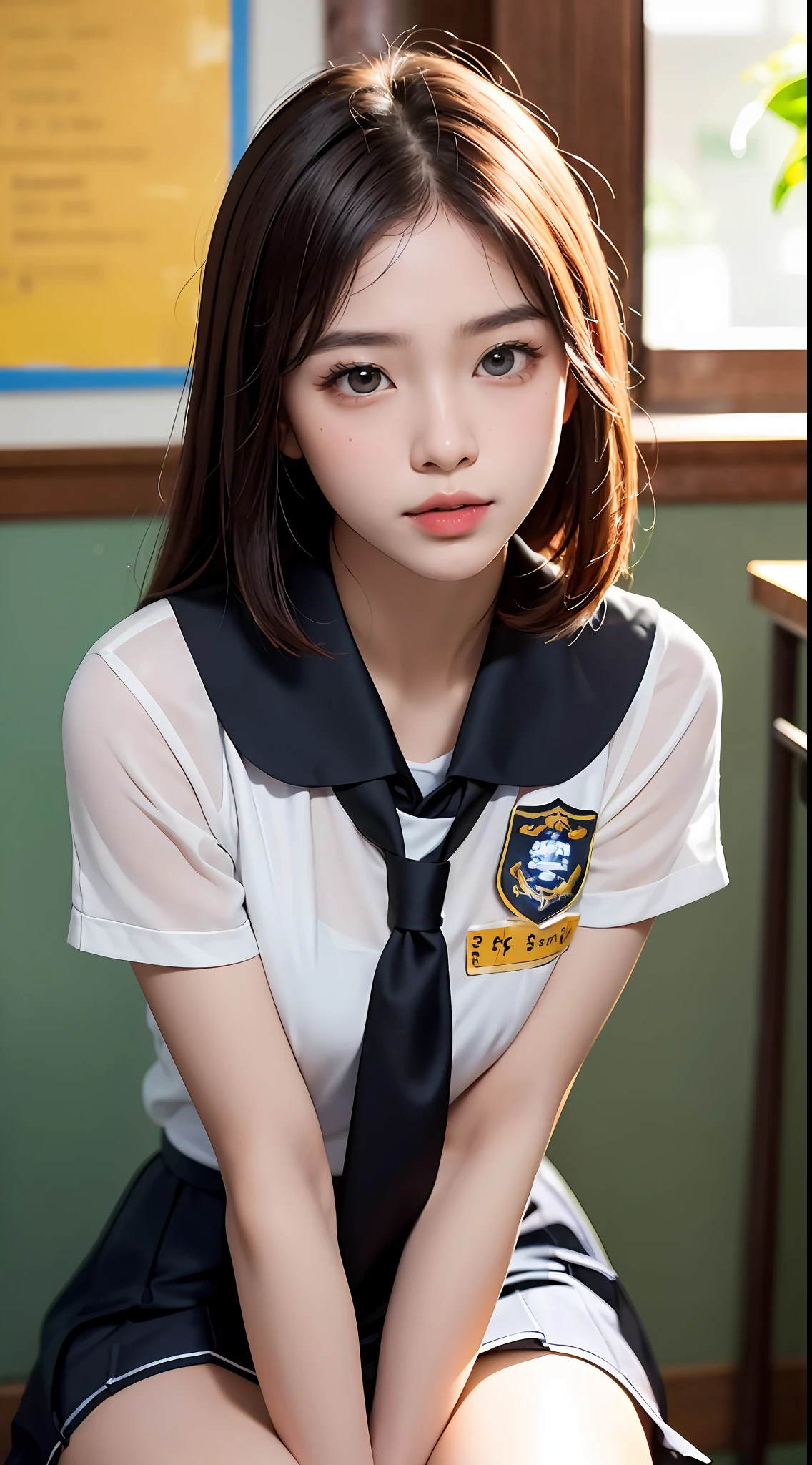 Masterpiece,(Most Realist:1.5),Max Resolution,Max Face Resolution,Maximum Environmental Detail,Most Beautiful Woman,,Thai Woman,Thai People,Cool ,School Age,Fair Skin,Big Eyes,Beautiful Eyes,Short,Bright Face,Private School Thai School Uniform,Most Beautiful Nose,Sitting on a Wonder