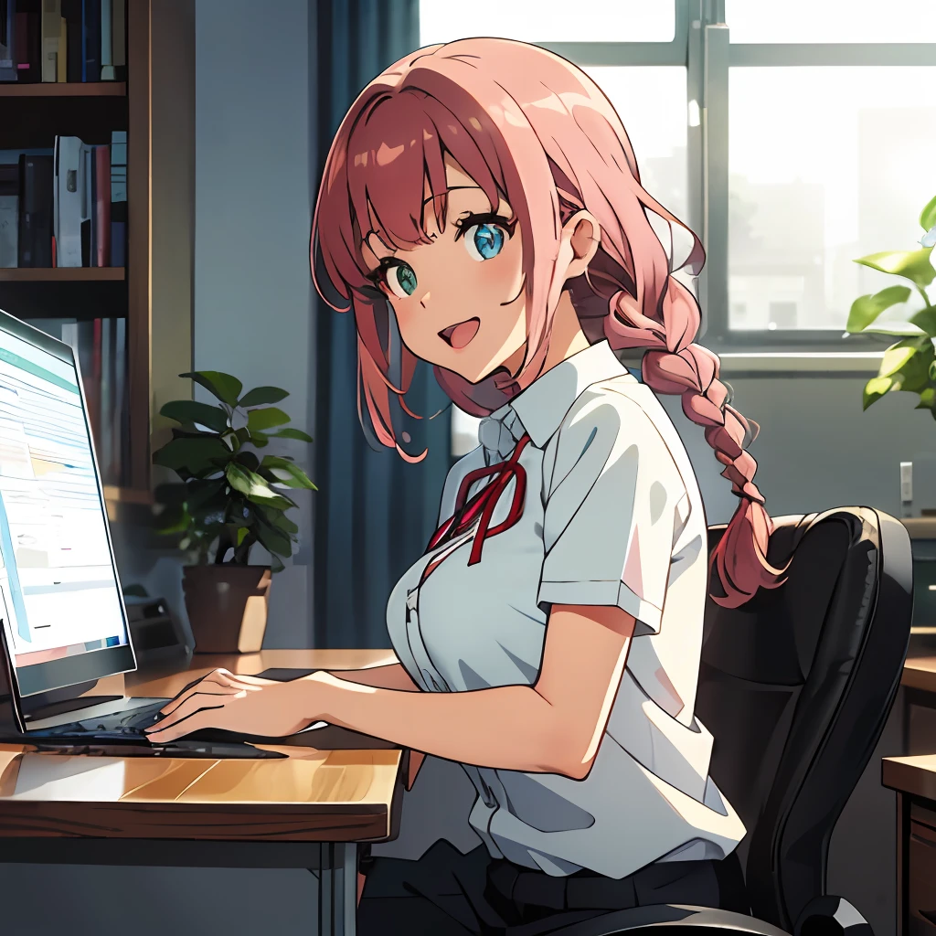 Anime illustrations in the style of "Kyoto Animation", highest quality, (cute: 1.1), (cute), (high resolution: 1.2), incredibly ridiculous: 1.3, incredibly fine illustrations, break 1 beautiful girl, Solo, (heterochromia, light blue eyes and light green eyes), silhouette of star eyes, solo, standing figure, happy, :d, princess eyes, big breasts, break, braid, light pink hair, semi-long hair, red ribbon at the end of braid, sitting at desk, Back angle, looking at PC, touching keyboard, office, break, shirt, black slacks