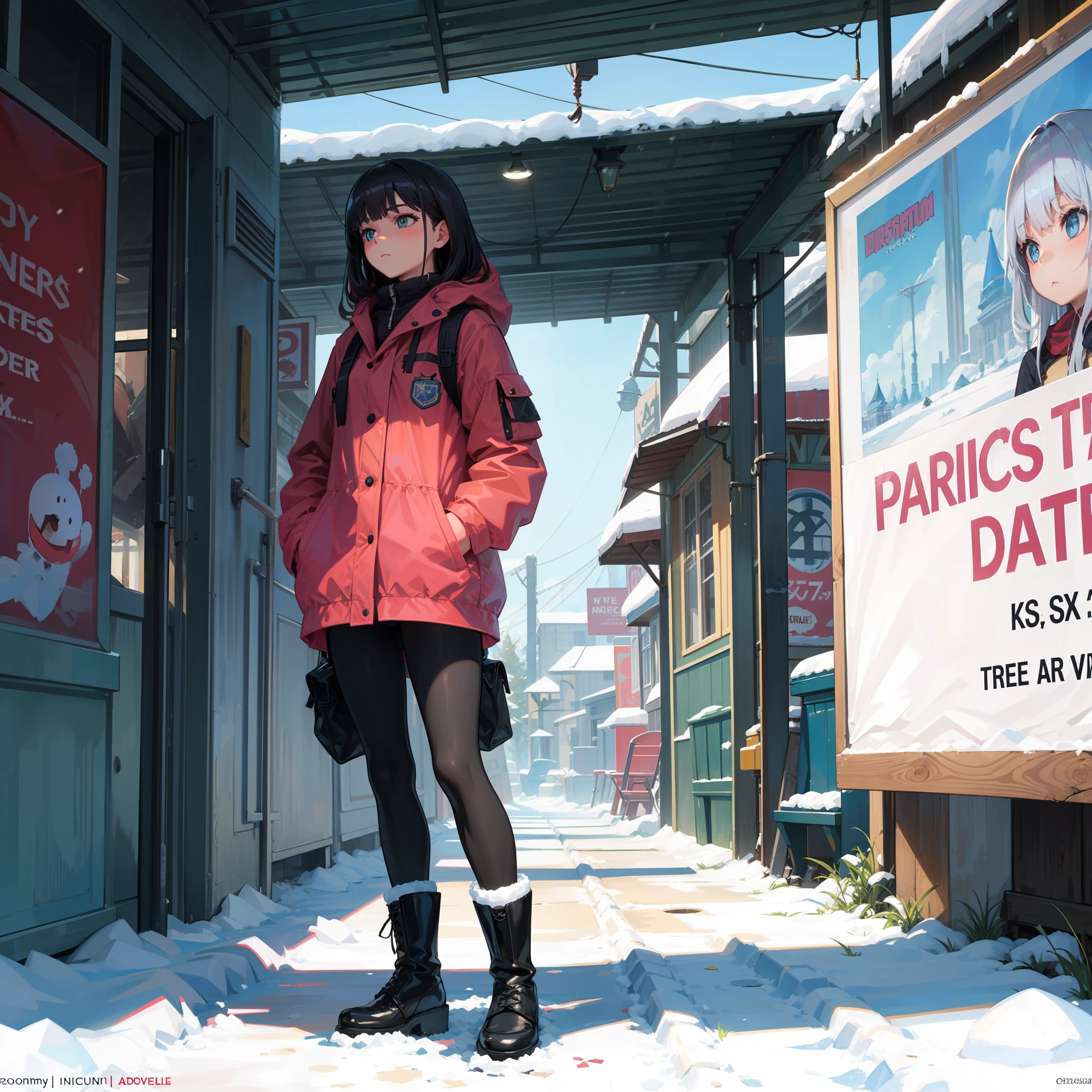 An abandoned amusement park, where the rides have come to life and now have their own personalities, woman, adventure outfit, boots on her feets, snow