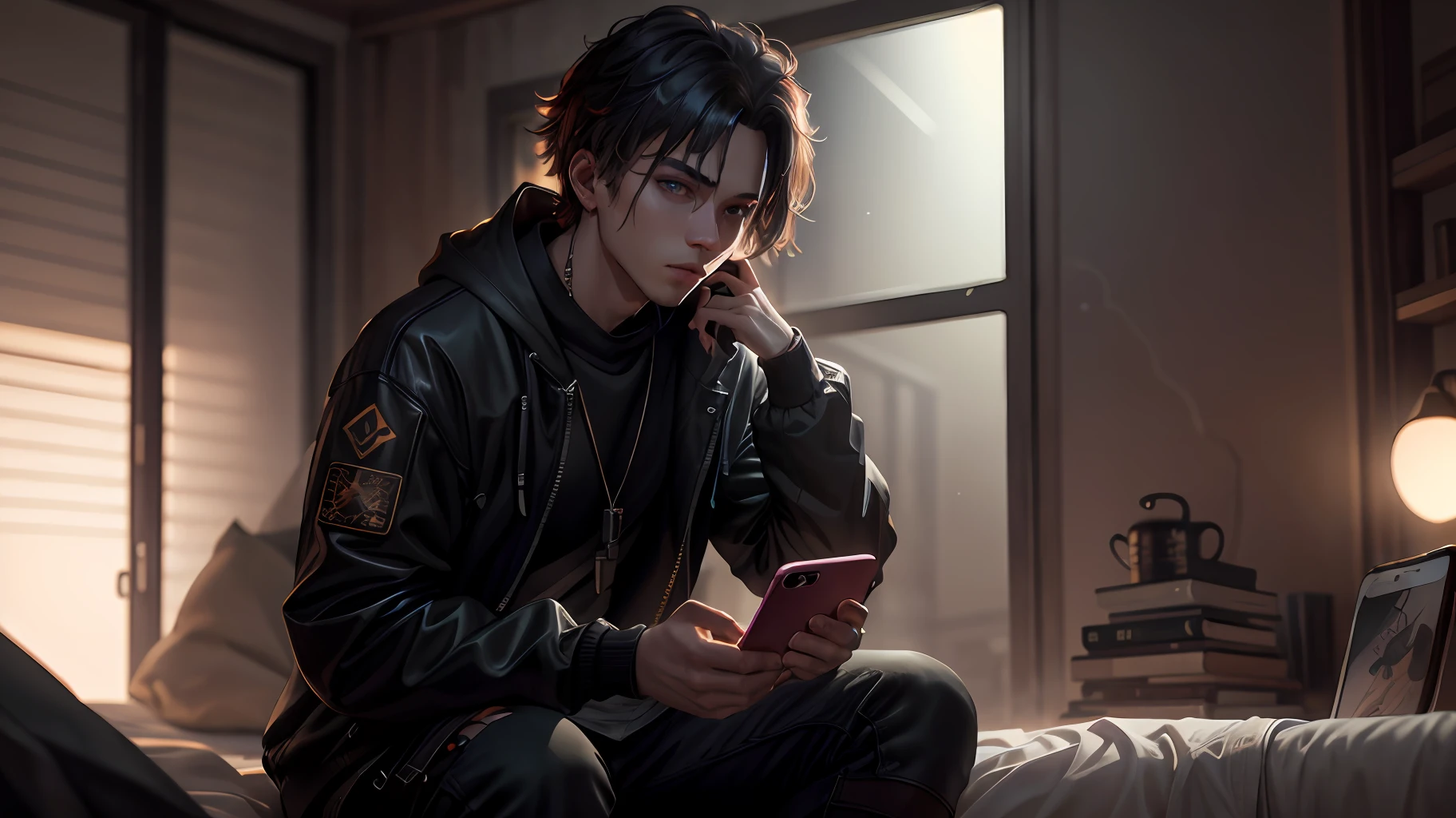 Ultra detail, high resolution, super detail, best quality, amazing, top quality, extremely detailed CG Unity 8k wallpaper, movie lighting, cyberpunk, dark boy looking at phone, movie frame, sitting on bed