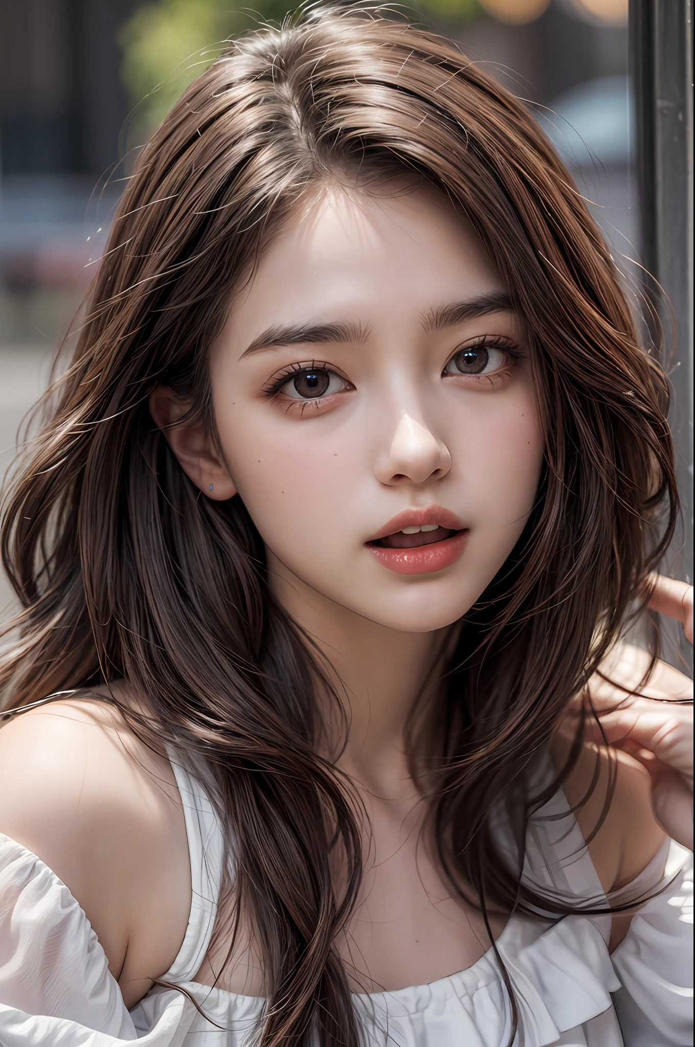 Brown hair,photorealism, masterpiece, wavy hair, open mouth, , small bust, highly detailed, offshoulder,1 girl