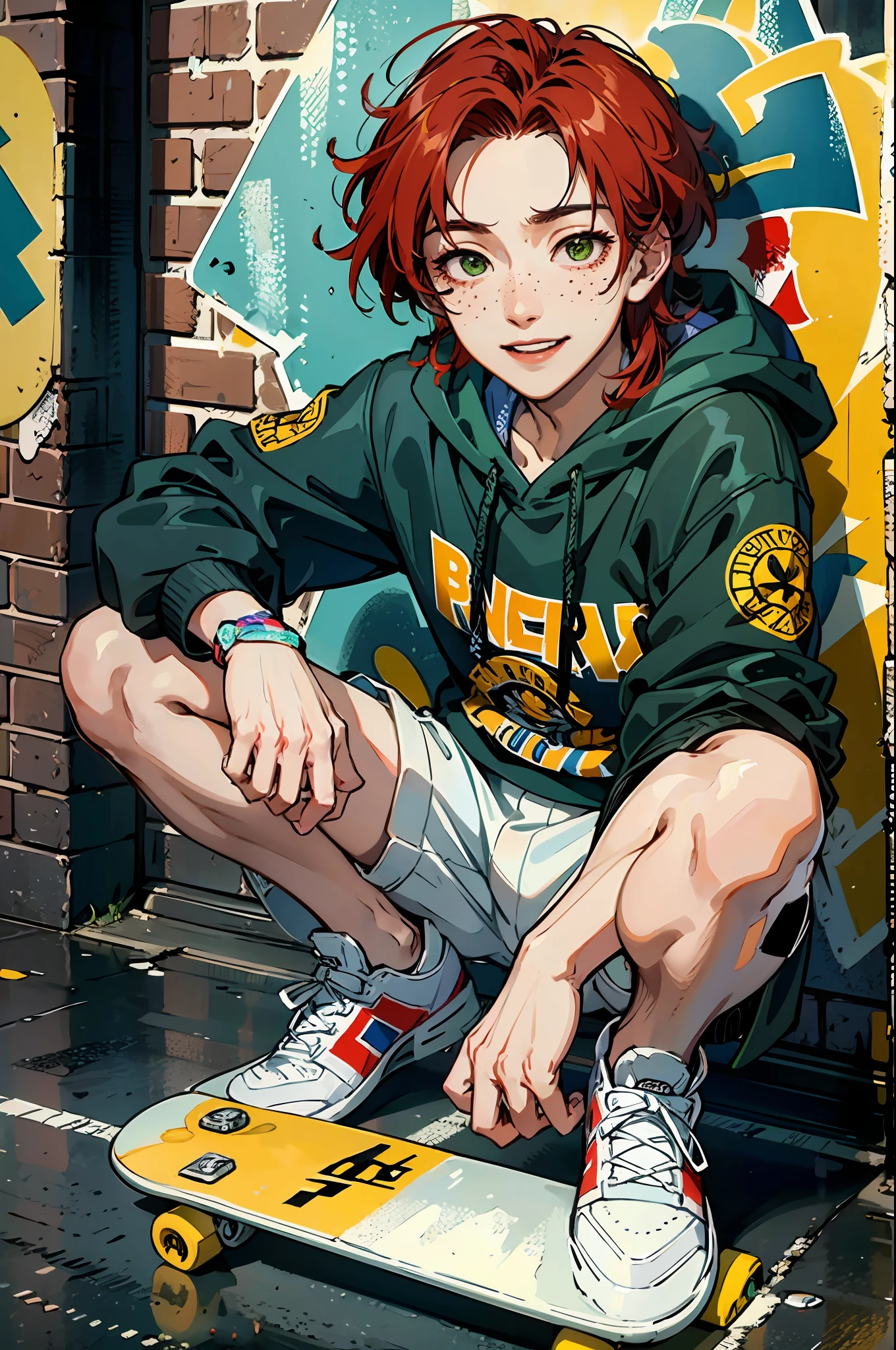 (absurdres, highres, ultra detailed, HDR), masterpiece, best quality, girl, solo, beautiful, medium red hair, thin green eye, tanned skin, freckles, detailed face, forehead, mole under the eye, oversized black and yellow hoodie, (white shorts), sneakers, ear-pronged, squat, skateboarder, brick wall with graffiti, big smile, from above, look up, streetwear, holding a skateboard, energetic.