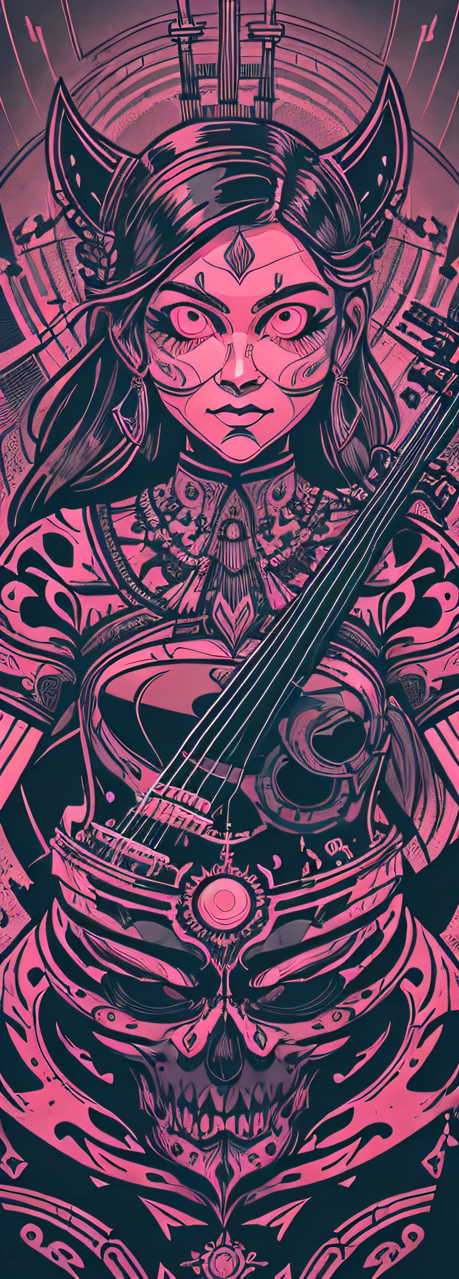 /t-shirt art, 2D, ((black background: 1, 5)), vector, vivid colors, A dystopian violinist playing, masterpiece, best quality, intricate details, perfect symmetrical face, rock and rool theme, rim light, moonlight, cinematic shading, Greg Rutkowisk