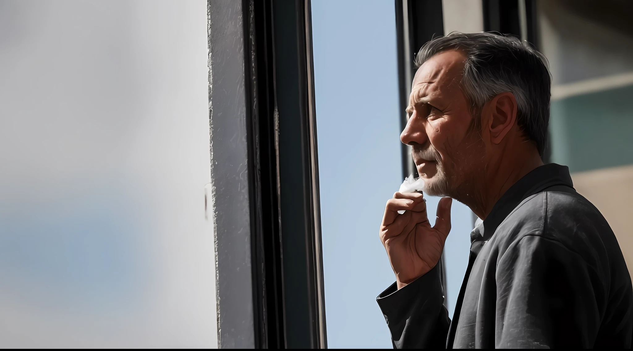 An ultra-realistic 8K RAW photo that depicts a 40-year-old man looking out the window with a world-weary expression, holding a cigarette in his hand, with exquisite details that capture all the nuances of life.