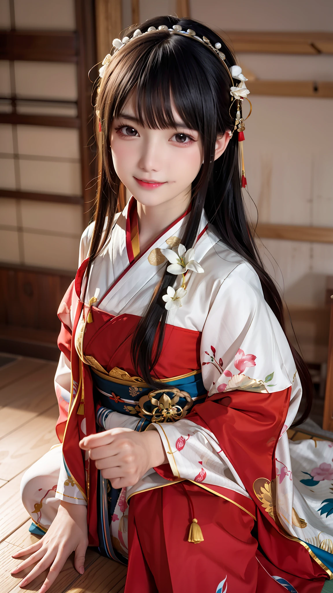 araffe asian woman in a kimono dress sitting on a wooden floor, anime girl cosplay, palace ， a girl in hanfu, anime girl in real life, japanese goddess, anime cosplay, full body xianxia, trending on cgstation, beautiful alluring anime woman, traditional beauty, attractive anime girl, with acient chinese clothes, trending at cgstation
