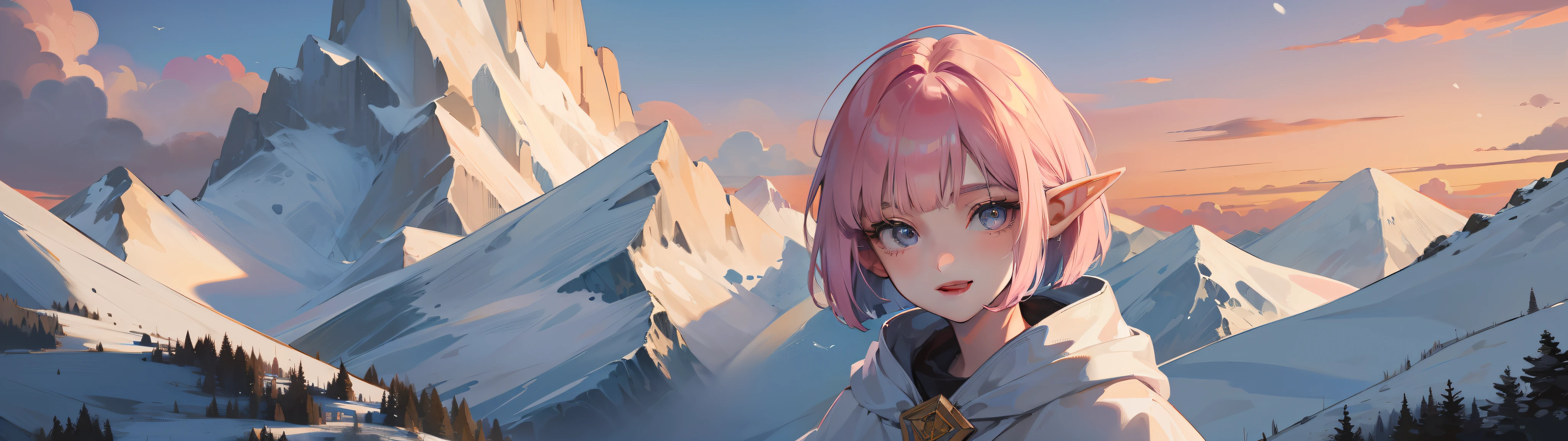 ((Top Notch Masterpiece)), (Best Quality), (High Resolution), (Elf Girl), (Beautiful Pink Bob Cut:1.1), (White Cloak:1.2), (Beautiful Eyes:1.3),Smile, Snowy Mountain Peaks Background, (Bust Shot:1.2)