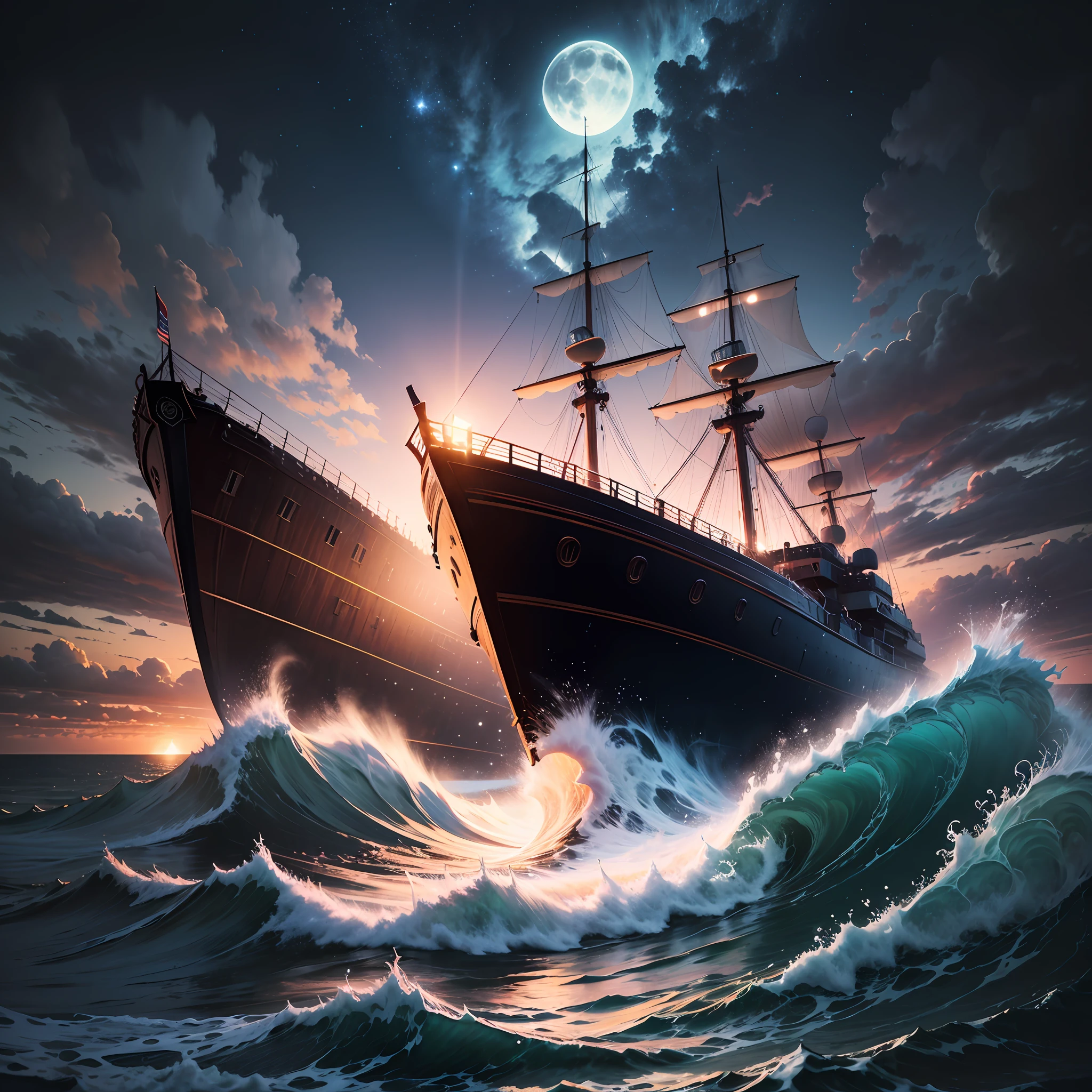 Computer Rendered Graphics, Realistic Fantasy, Extensive Landscape Ultrasound Photography (general view showing a huge wooden ship, + with decks, + 4 decks, + stern, + hold, + sails, + bow, + tank, + Front of the ship + bow, rear + stern .. Front of the ship + tank. Back hour) .storm, storm, waves, full moon, night sky, blurred background, warm, yellow, purple background, pink, warm, magic, "Hyper-realistic textures," "Precise details, ” “Realistic still life,” “Realistic portraits,” “Realistic landscapes.” Watercolor drawing, "Majestic mountains," "Hyper-realistic textures," Banksy, Liu Bolin, Ansel Adams, Yoshitaka Amano realistic fantasy, Extensive landscape ultra photography, blurred background, cool, turquoise hue, a bit of purple, airy color, magic, storm, waves, foam "Hyper-realistic textures," "Precise details," "Realistic still life," "Realistic portraits," "Realistic landscapes." Lit cityscapes,” “Starry skies,” “Moonlit landscapes,” “Night time portraits,” “Long exposures.” “Lit cityscapes,” “Starry skies,” “Moonlit landscapes,” “Night time portraits,” “Long exposures.”