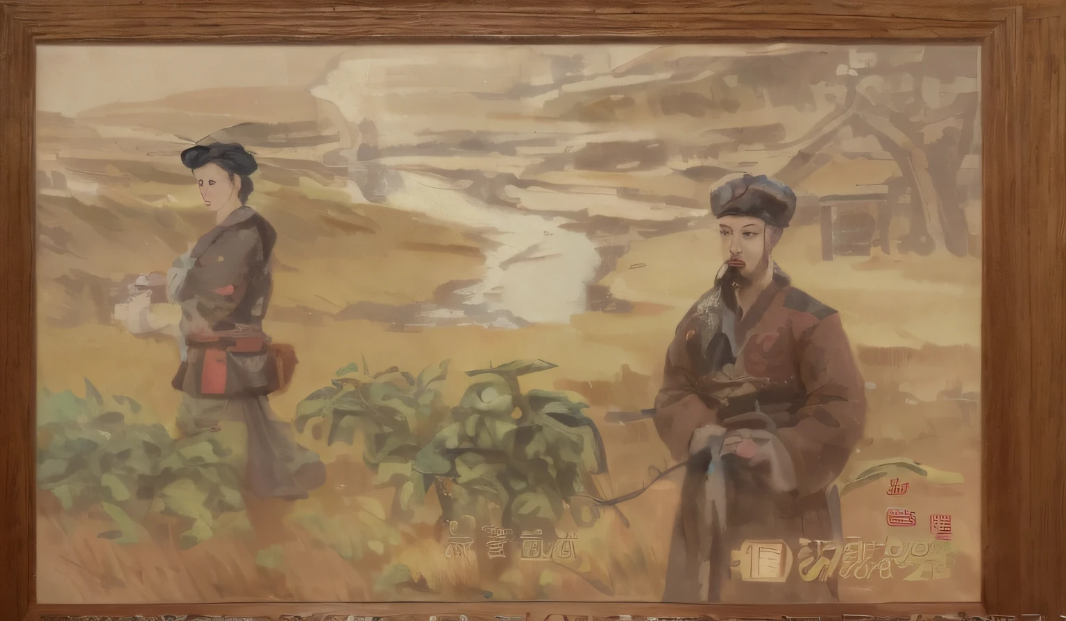 a close up of a painting of two people in a field, inspired by Zhang Shunzi, zhang daqian, 千 葉 雄 大, history painting, hystorical painting, inspired by Zhang Zongcang, inspired by Zhao Zhiqian, old chines painting, inspired by Cao Zhibai --auto