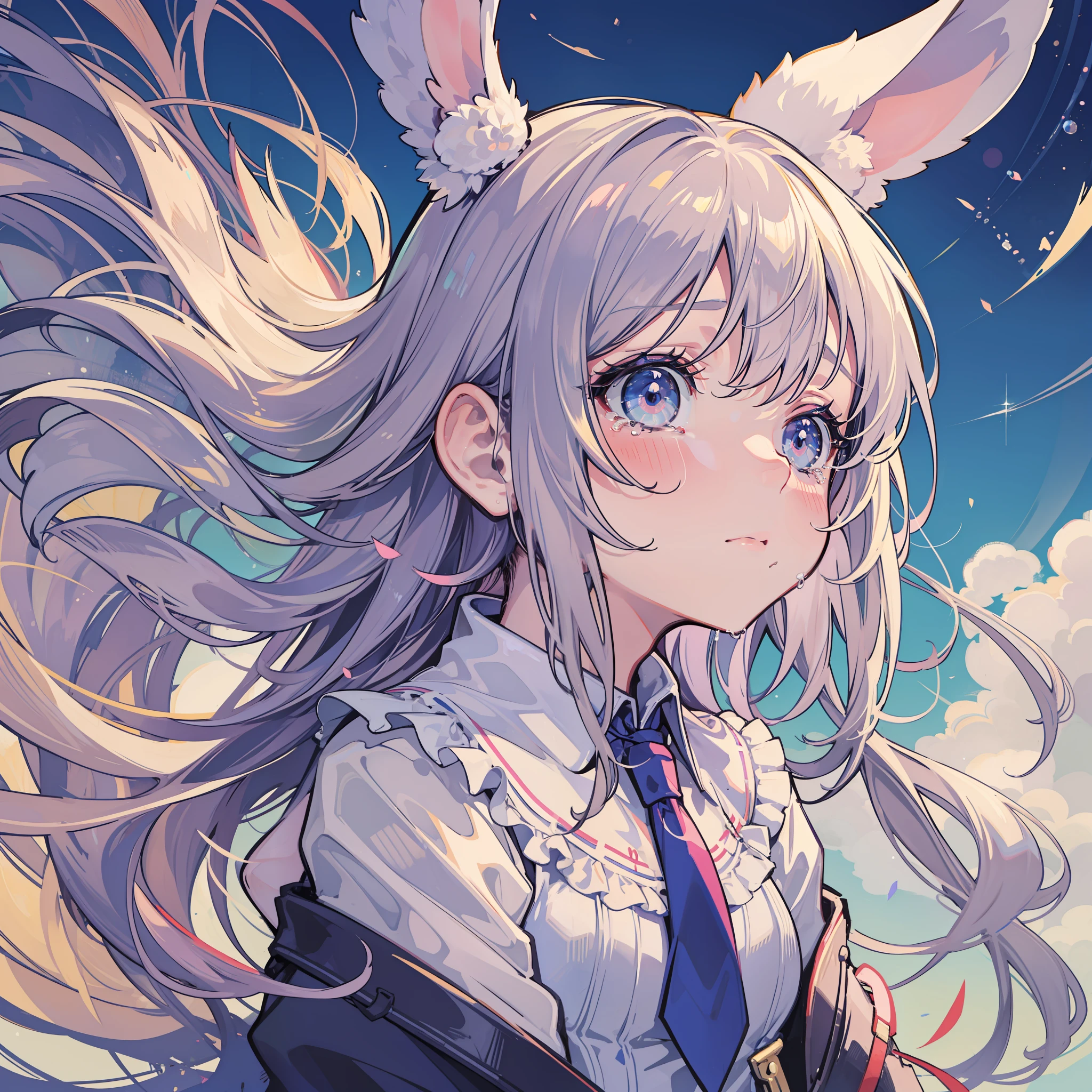Rabbit-eared girl looking up at the sky Crying sad face