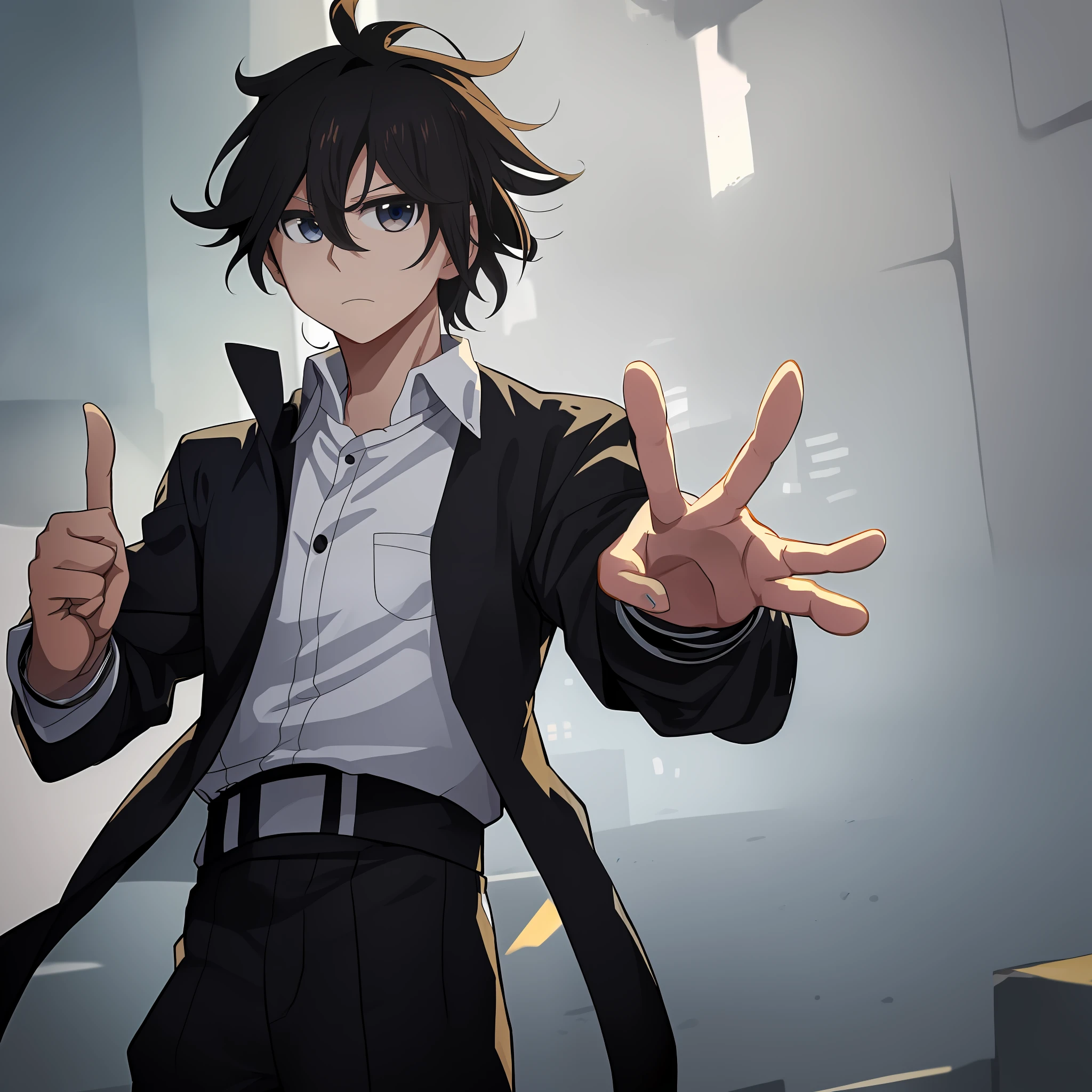 anime, a man in a black jacket and white shirt, standing with his hands out, inspired by Okumura Togyu, inspired by Okumura Masanobu, tall anime guy with blue eyes, okata kazuto, katekyo hitman reborn, with index finger, anime style”, male anime character, inspired by Un'ichi Hiratsuka