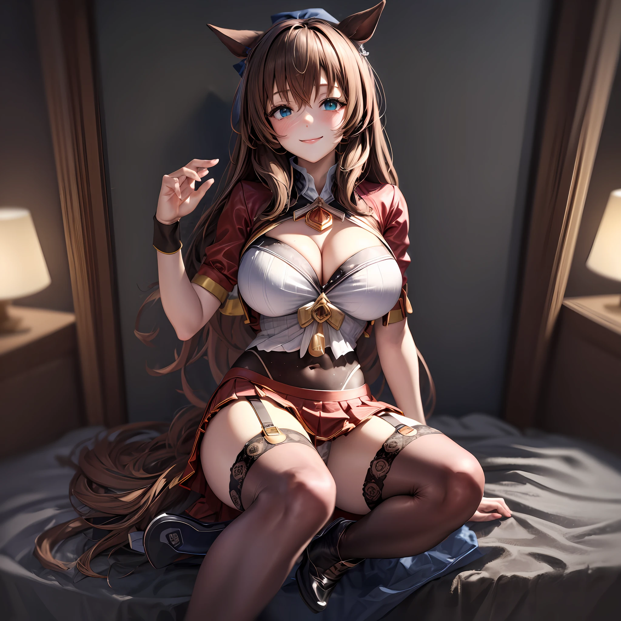 Masterpiece, Top Quality, 8K, (Smile: 1.1), (Big: 1.3), Clearly Visible cleavage, Chest-Sticking Costume, Huge Breasts, Perfect Breasts, Amazing Bust, Taut Bust, (Red Costume: 1.3), (Sailor Suit: 1.1), Pleated Skirt, (Mini Skirt: 1.2), Garter Belt, Knee High Socks, High Heels, Boots, Long Hair, Brown Hair, Black Ribbon, horse's ears, tail, right hand placed on the back of the head, left hand on the hip, wink, moisturized eyes, estrus expression, shy face, blush, shy figure, ecstasy