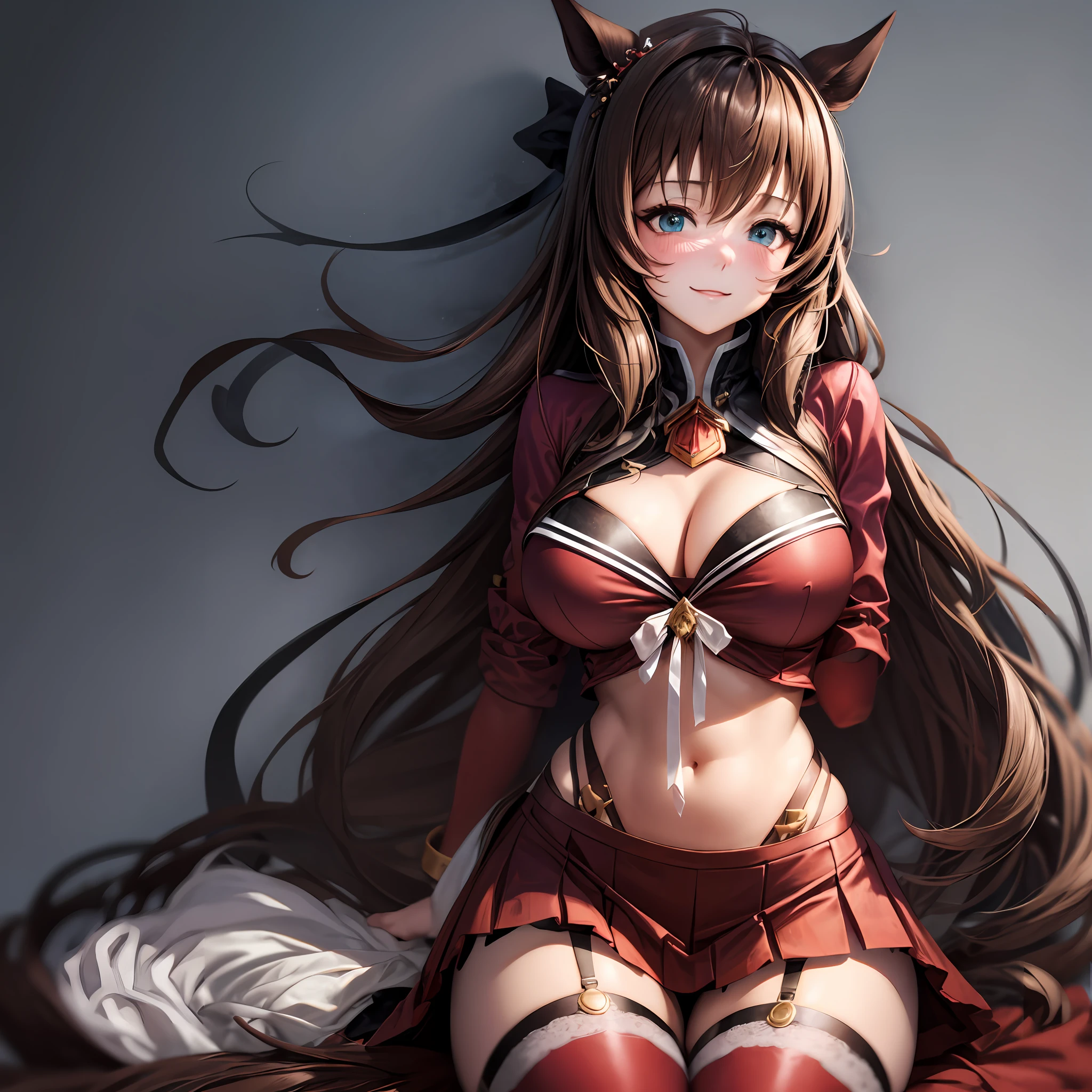Masterpiece, Top Quality, 8K, (Smile: 1.1), (Big: 1.3), Clearly Visible cleavage, Chest-Sticking Costume, Huge Breasts, Perfect Breasts, Amazing Bust, Taut Bust, (Red Costume: 1.3), (Sailor Suit: 1.1), Pleated Skirt, (Mini Skirt: 1.2), Garter Belt, Knee High Socks, High Heels, Boots, Long Hair, Brown Hair, Black Ribbon, horse's ears, tail, right hand placed on the back of the head, left hand on the hip, wink, moisturized eyes, estrus expression, shy face, blush, shy figure, ecstasy