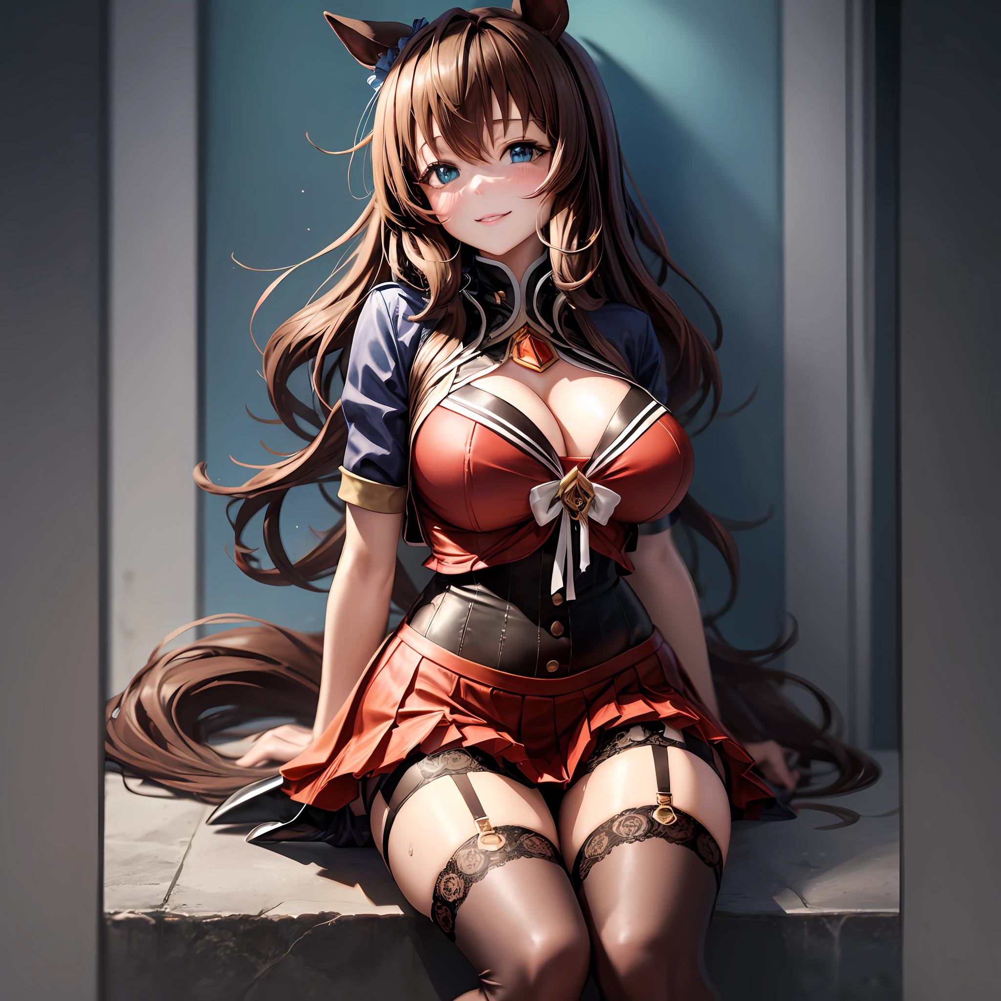 Masterpiece, Top Quality, 8K, (Smile: 1.1), (Big: 1.3), Clearly Visible cleavage, Chest-Sticking Costume, Huge Breasts, Perfect Breasts, Amazing Bust, Taut Bust, (Red Costume: 1.3), (Sailor Suit: 1.1), Pleated Skirt, (Mini Skirt: 1.2), Garter Belt, Knee High Socks, High Heels, Boots, Long Hair, Brown Hair, Black Ribbon, horse's ears, tail, right hand placed on the back of the head, left hand on the hip, wink, moisturized eyes, estrus expression, shy face, blush, shy figure, ecstasy