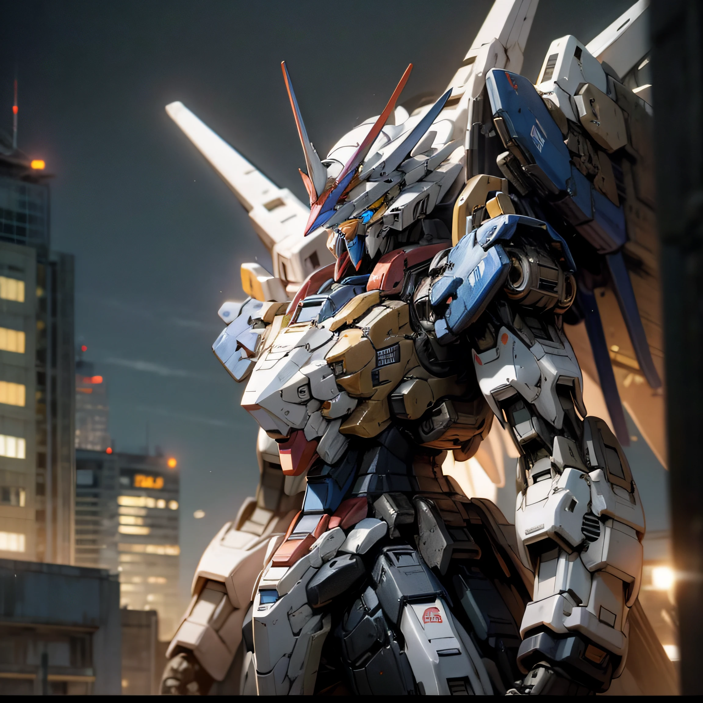 Gundam, blue and white mech, close-up, city night, majestic --auto