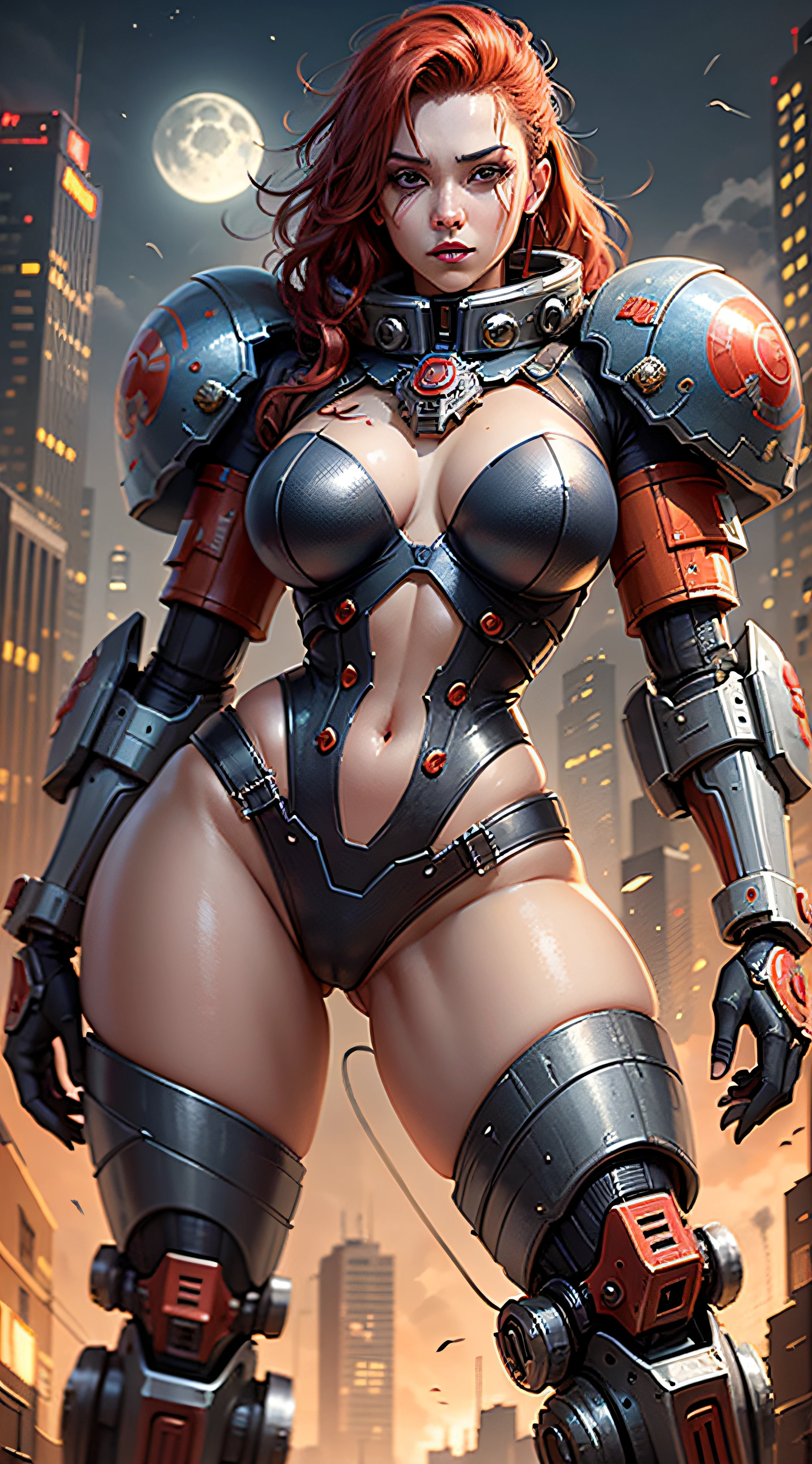 Space Marine, Harhammer 40,000, World at War, Beautiful Cyberpunk Woman with Very Detailed Mecha Treatment, Vibrant Colors, Metallic Red, Bloodstained, With Sky With Clouds And Full Moon, Perfect Body, Wearing Worn Mechanical Armor, Full Body, Red Hair,