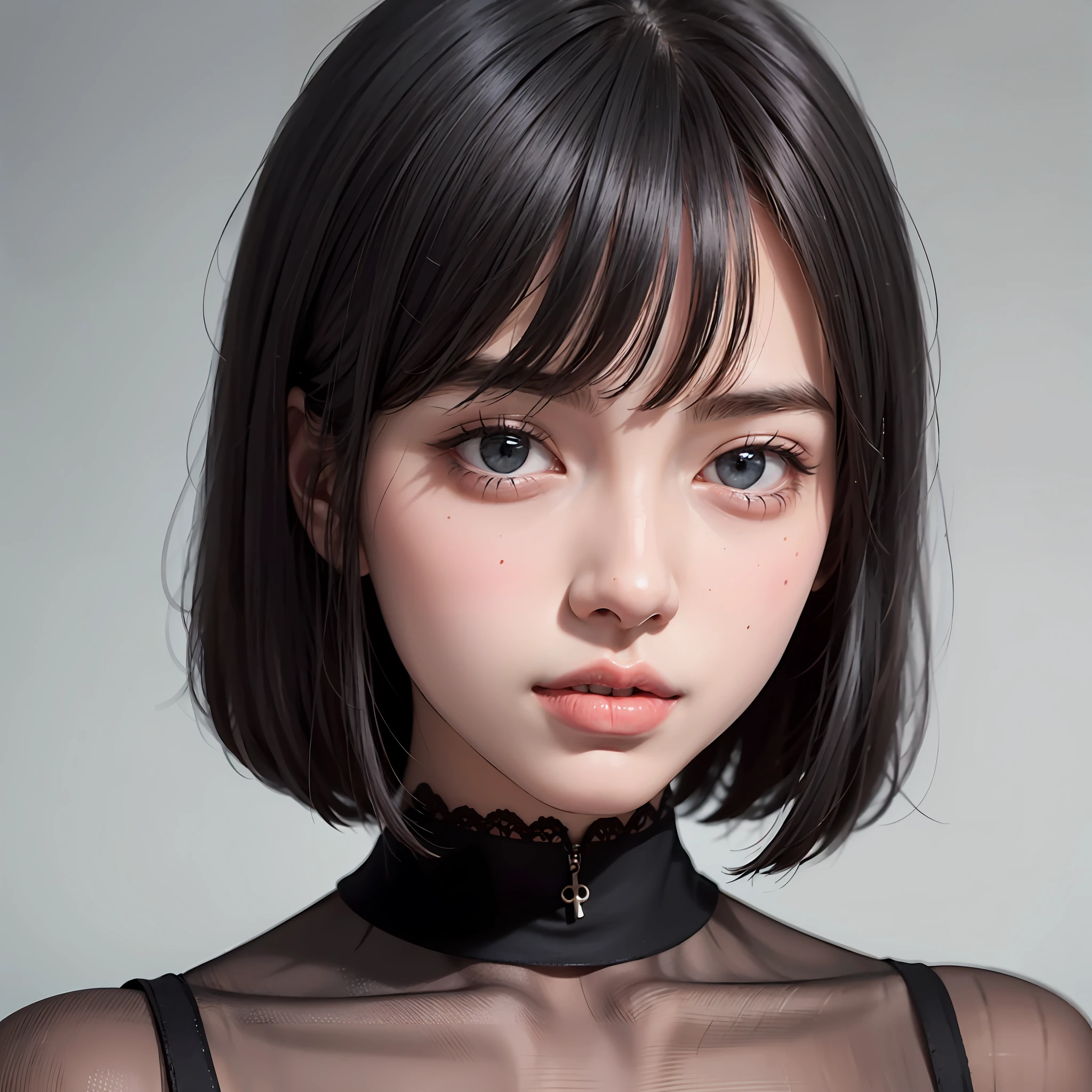 arafed woman with a black choke and a black top, neat hair with bangs, portrait cute-fine-face, with short hair, girl cute-fine-face, with short hair with bangs, kawaii realistic portrait, soft portrait shot 8 k, short black hair with bangs, stunning anime face portrait, black bob hair, portrait of an anime girl