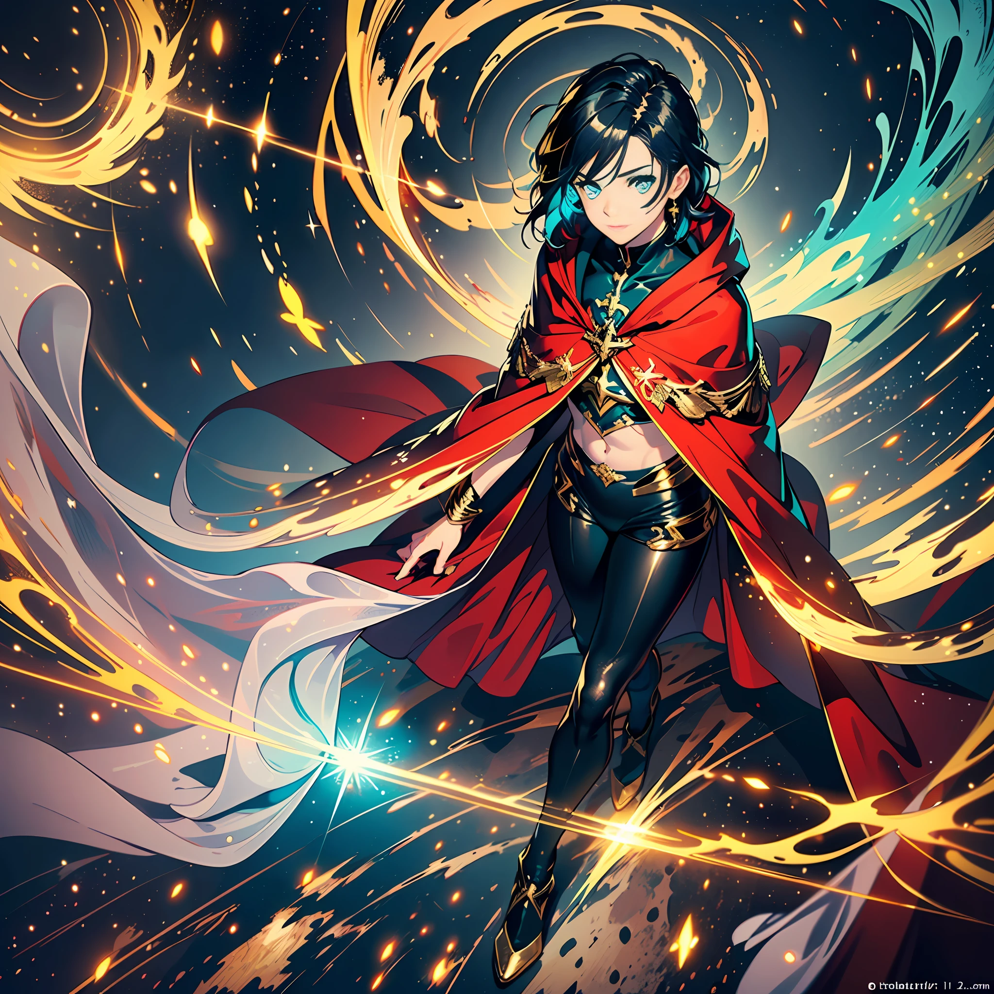 Round Image,(Masterpiece:1.3), (Best Picture:1.2), (Ultra Fine Illustration:1.2), (Masterpiece), High Quality, High Detail,(Solo:1.4),((Round Image)),[(White Background:1.1)::5],[(Ruins:1):5],[(Game Character Portrait: 1.2):5],1 Boy,Solo,((Full Body))),Only 5 Fingers,(((Black Middlehair)) ((Yellow and (Gold) Edge) ),Medium hair, Full body, View viewer, ((seen from above)), (bright aqua eyes), lighting, (magic red and black energy wings), god ray, halo, magic ray, energy light, starry moon, moonlight, magic symbol, ((full body red magic tatu)), magic pillar, magic aura (hyper detail: 1.1), (dramatic light: 1.2), (complex details:1.1), (Colorful:1.1), Godray, (Red Flowing Cloak:1.2), (Ultra-Detailed Male Hero-Style Gold Full Body Tights), (Ethereal Glow:1.3), (Heavenly Atmosphere:1.3),