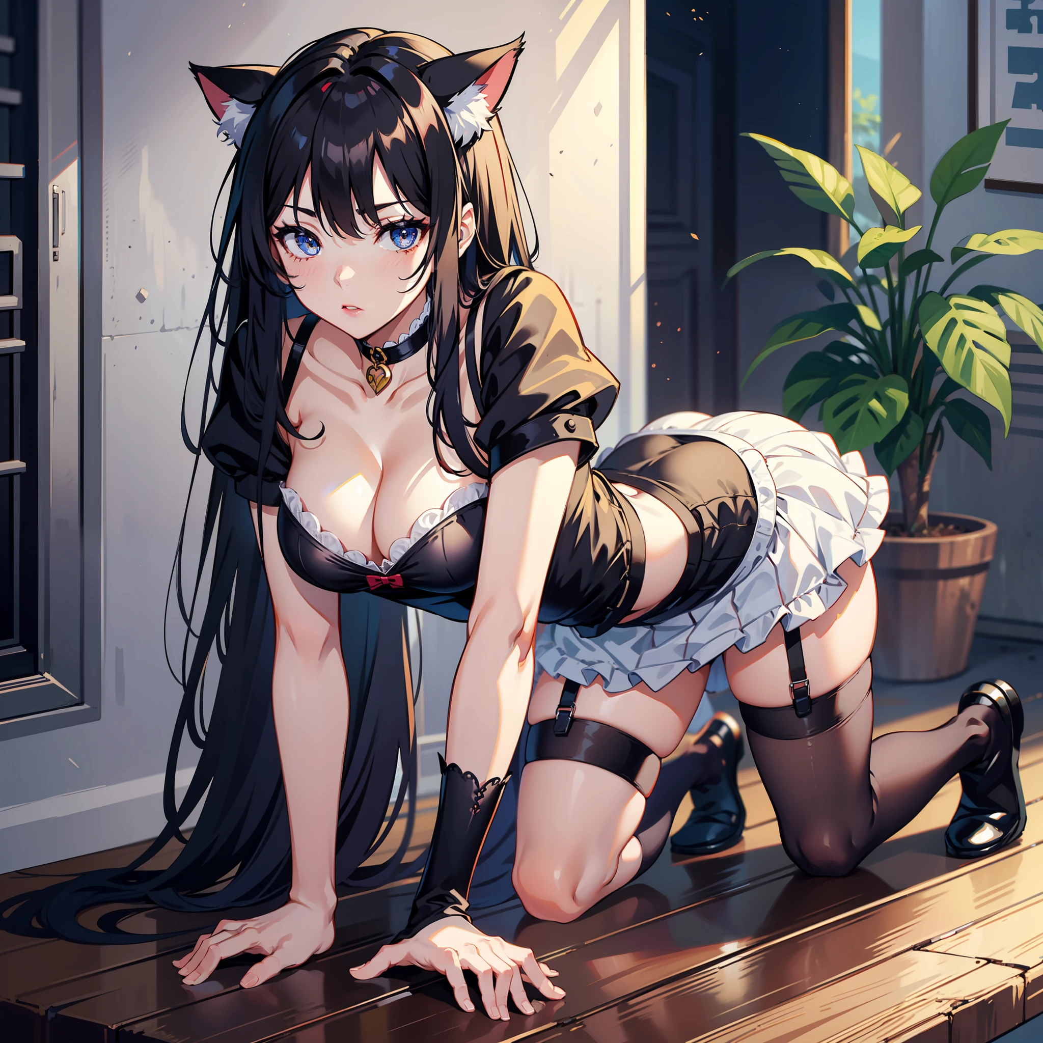 Girl, Maid Clothes, Too much exposure, Crawling on all fours, Short skirt, Cleavage, Black hair, Long hair, One beauty, Cat eyes, Vivid, Adult, Slender body, Long legs, Upper eyes, Black underwear, Knee highs, Garter belt, Luxury, Anime style