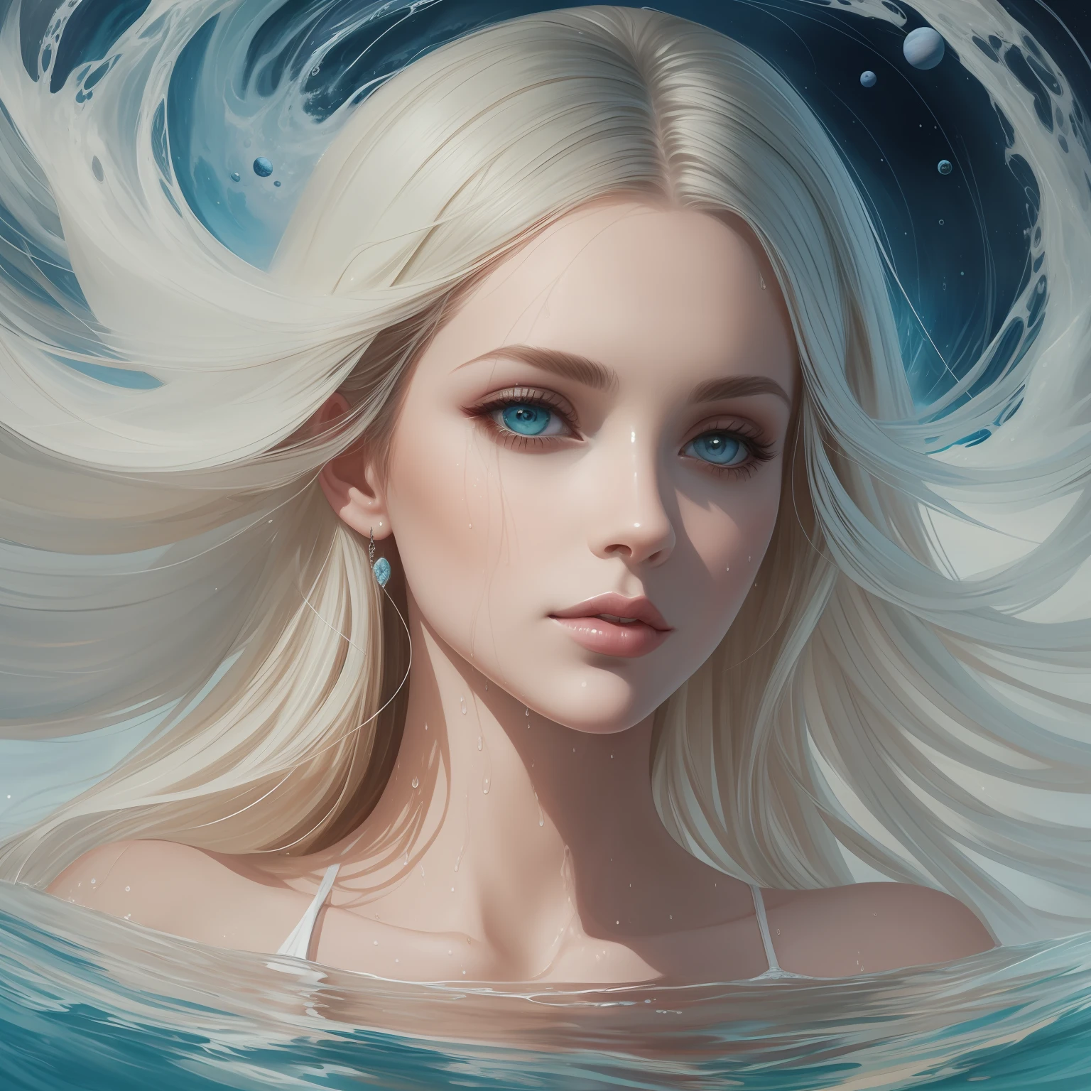 portrait of a pretty and elegant woman in a wet long white dress swimming in an ocean full of planets, half portrait, oil painting, ink painting, abstract, concept, artistic, cinematic, masterpiece, breathtaking, artgerm, artstation, hyper realistic,