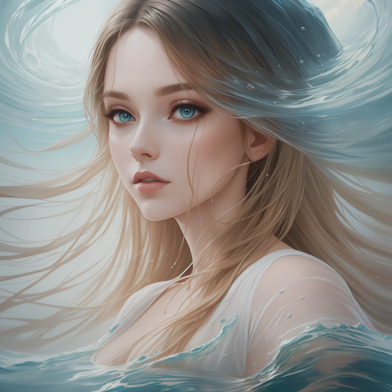 portrait of a pretty and elegant woman in a wet long white dress swimming in an ocean full of planets, half portrait, oil painting, ink painting, abstract, concept, artistic, cinematic, masterpiece, breathtaking, artgerm, artstation, hyper realistic,