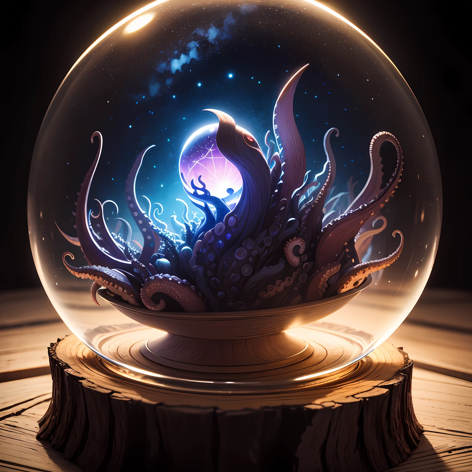 Night, Night, Dotted Art, Starry Sky, Detailed Close-Up, Shadows, Soft Light, Real Lighting, Mysteries, Darkness, A Crystal Ball with a Realistic Model of a Giant Octopus in the Deep Sea, placed on a large tree stump in the forest