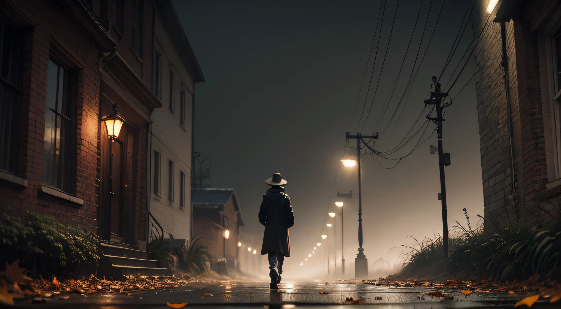 Suspense atmosphere, a person walking on a lonely street, detective hat, gloomy environment, falling leaves, gloomy sky, gloomy painting style, lifeless, cold tones, HD, 8k, realistic, real environment --auto