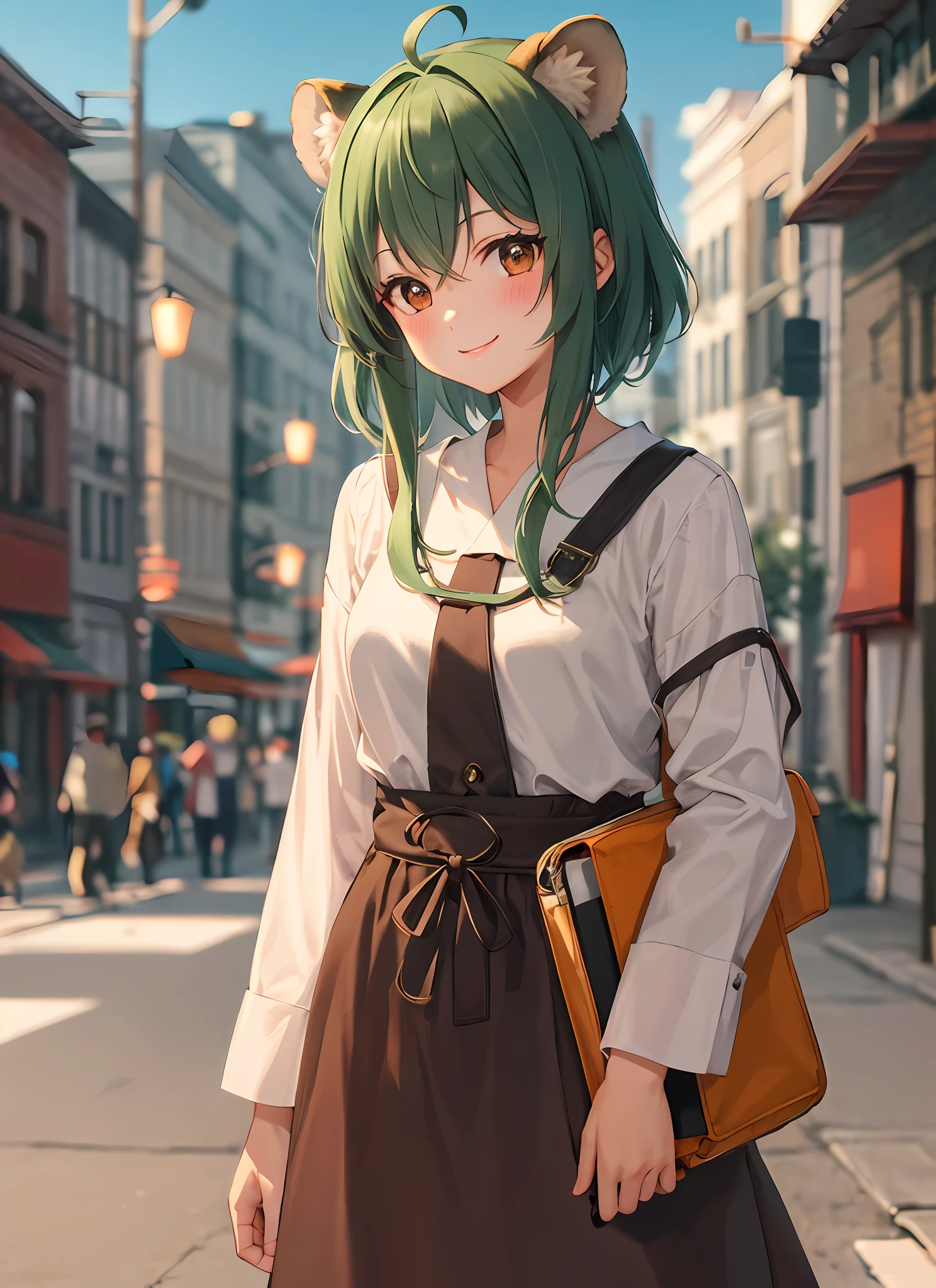 upper body, smile, blush, outdoors, daytime, simple background, blue sky, short green hair, brown clothes, black fishing net, sky, tanuki, looking at the audience, street, moody lights