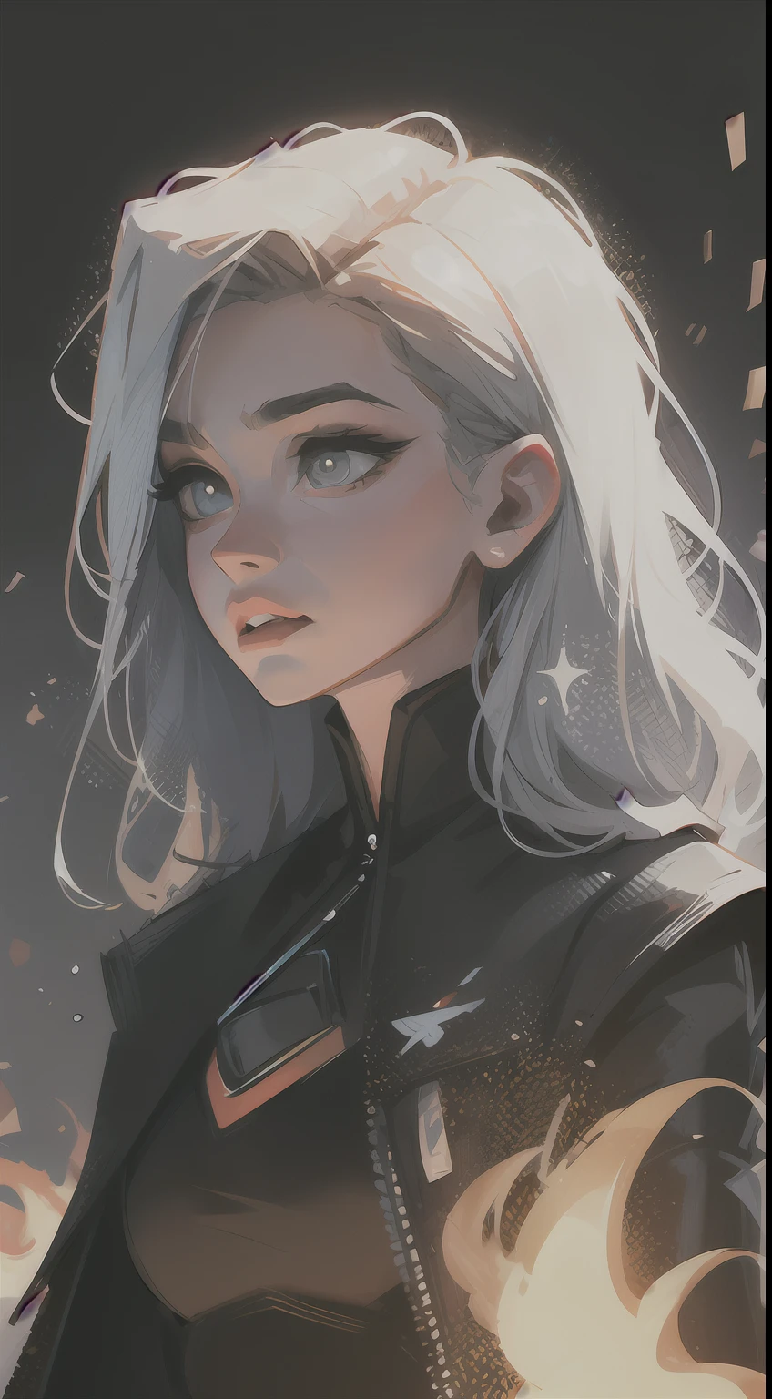 Sam Yang, 1girl, ENFJ character, Female named Natasha, beautiful face, perfect skin, beautiful detailed girl, detailed fingers, extremely detailed eyes and face, upper body, silver hair, long hair, x-shaped pupils, pout, Square face shape, very detailed eyes, red streaks in the outfit, Portrait, Eye-Level Shot, cinematic lighting, depth of field, Volumetric light, depth, fire magic particles, ((Masterpiece)), UHD, 8k, high quality, best quality, anatomically correct