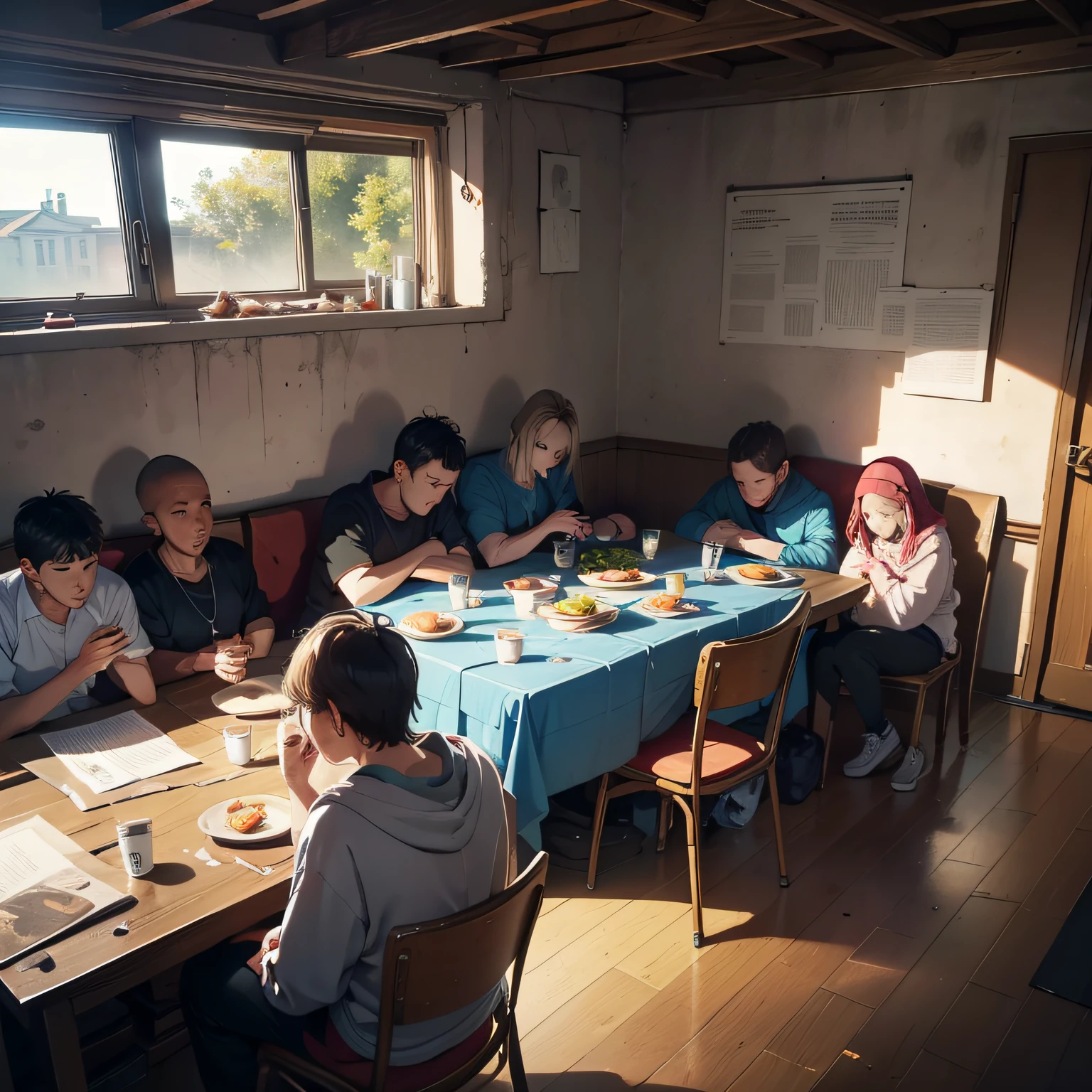 Inside the dark room, around the table, sat 10 people sleeping on their stomachs