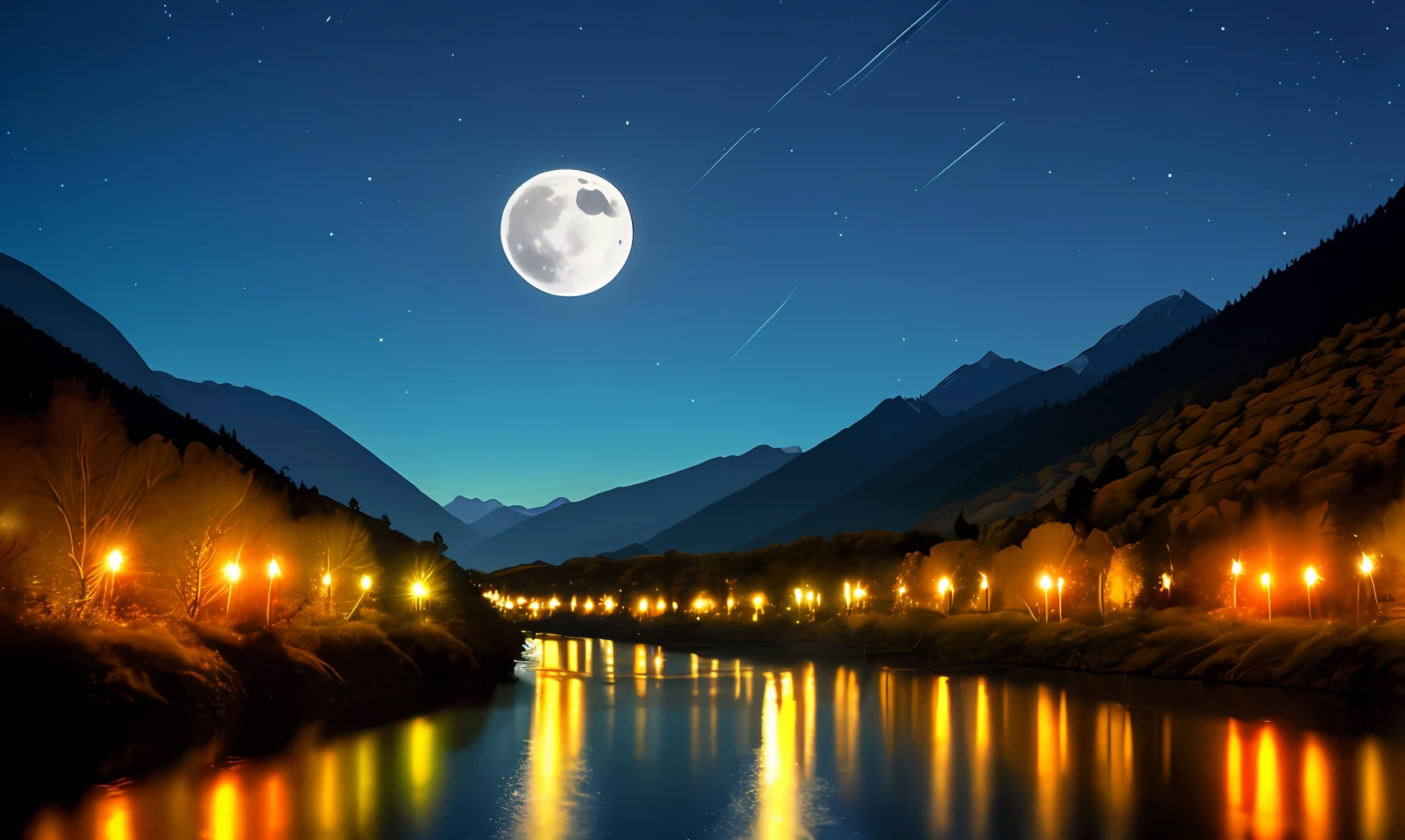 High Mountains River Small Birds Night Moon Top Quality High Picture Quality