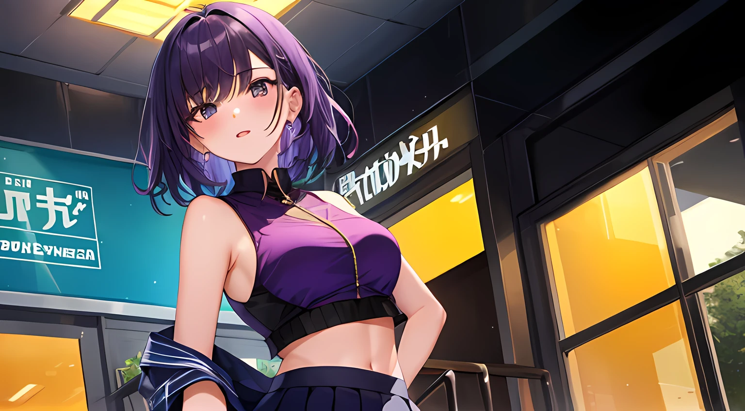 1girl,purple crop top,pleated skirt,purple hair,short hair,staircase