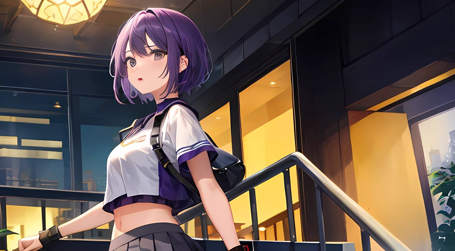 1girl,purple crop top,pleated skirt,purple hair,short hair,staircase
