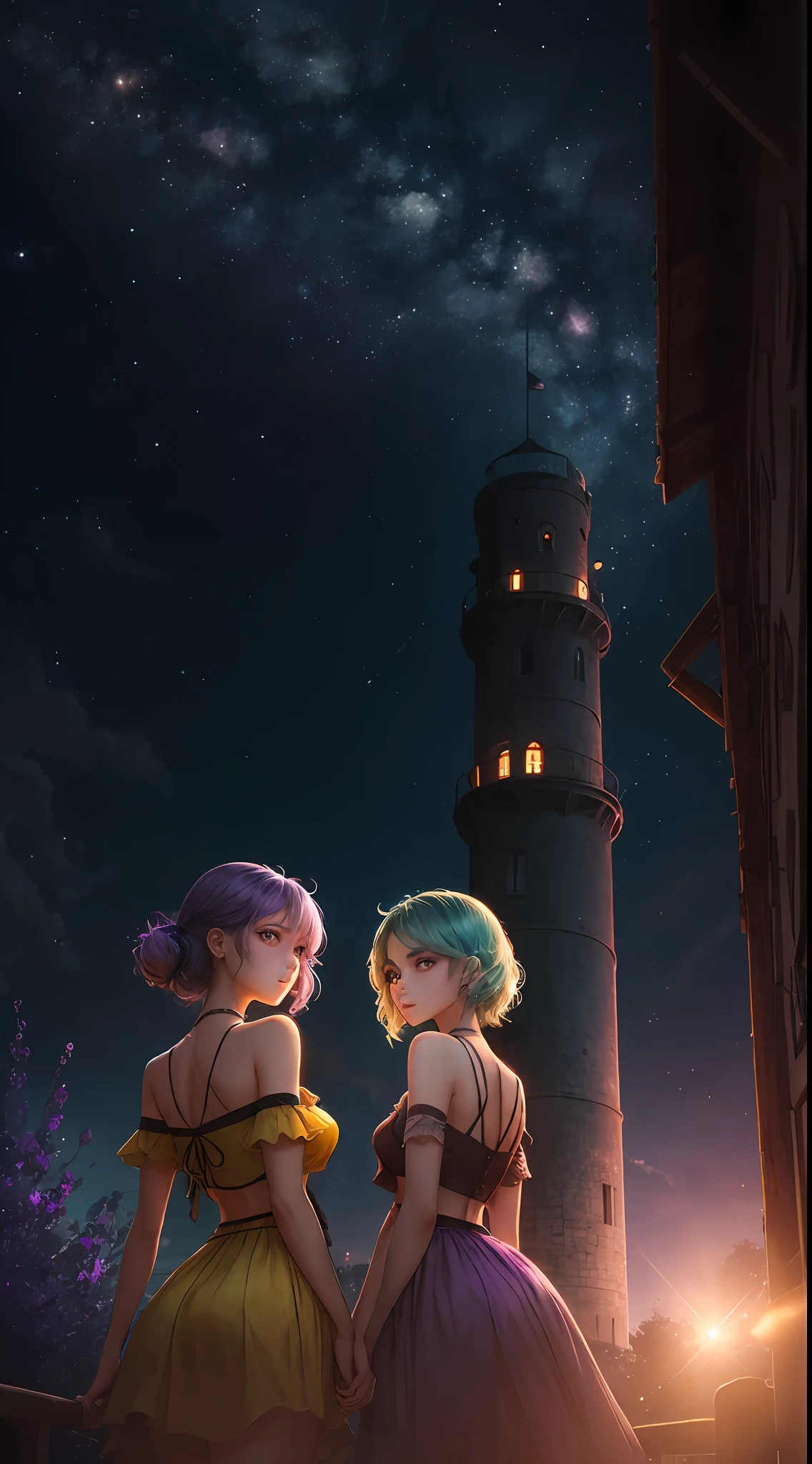 masterpiece, best quality, high quality, high definition, high quality texture, high quality shadow, high detail, realistic, cinematic light, side lighting, lens reflection, ray tracing, sharp focus, two girls with their backs to each other, one girl with green hair, and the other with purple and lilac hair, and yellow and cyan eyes,  they are on top of a tall tower with the night sky and starry --auto