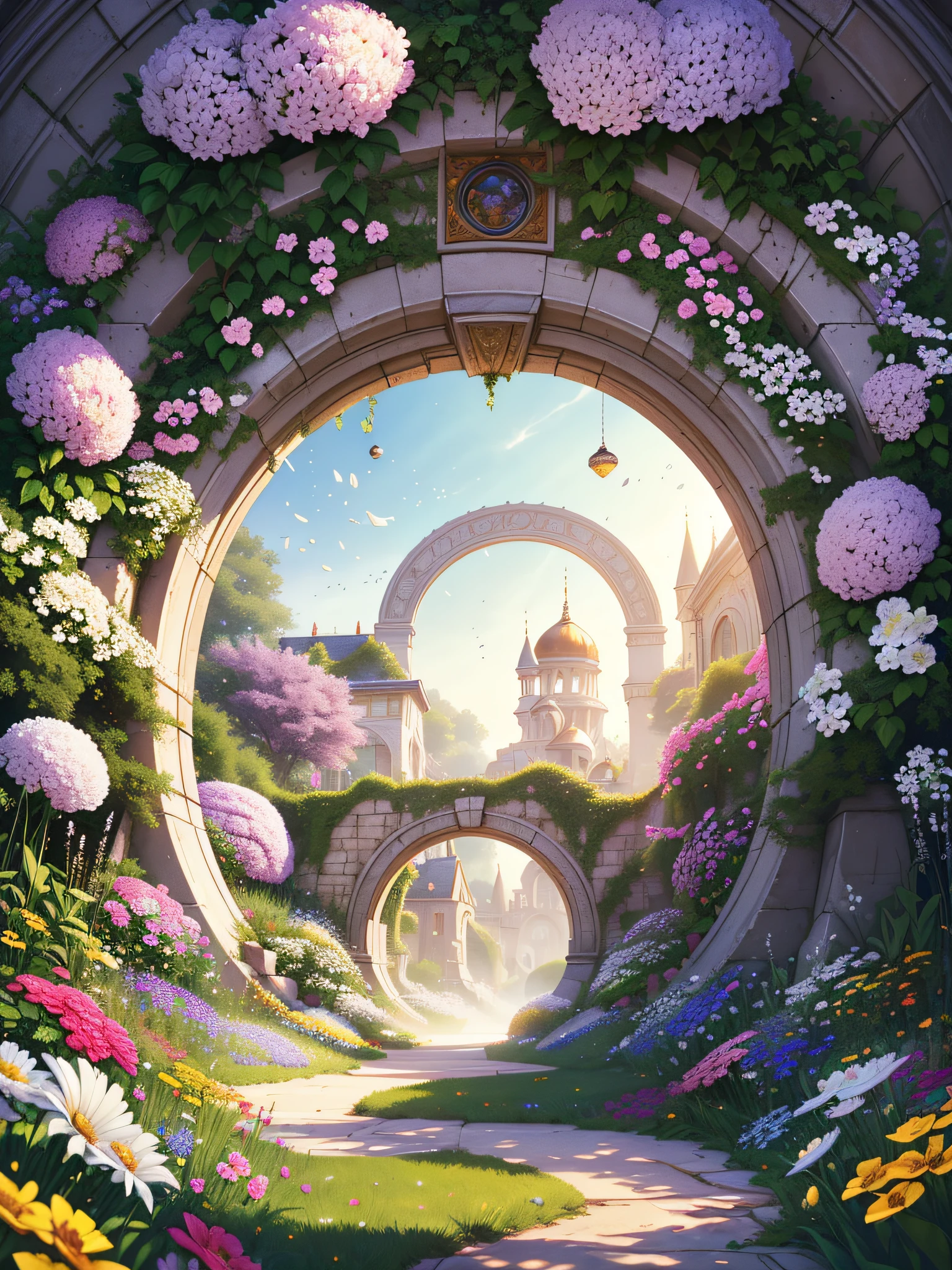 ((photo)), ((best quality)), ((masterpiece)), ((detailed)), ((cinematic shot), ((captured from eye level)), a beautiful brightly lit professional photo backdrop with lots of flowers and white, green and silver floating spheres, an archway portal to a fantasy world prominent.