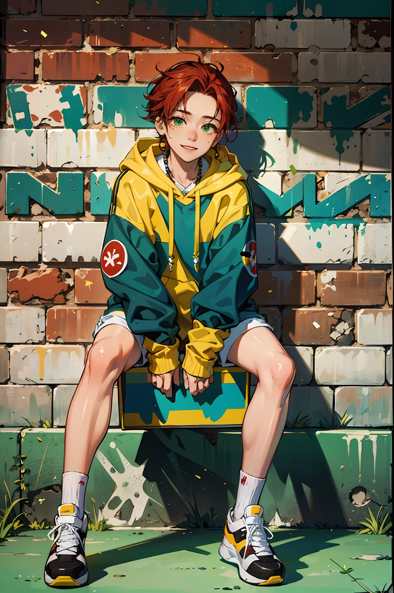 (absurdres, highres, ultra detailed, HDR), masterpiece, best quality, girl, solo, beautiful, medium red hair, fine green eye, tanned skin, freckles, detailed face, forehead, mole under the eye, oversized black and yellow hoodie, (white shorts), sneakers, ear, hands in pockets, skateboarder, brick wall with graffiti, big smile, bottom-up view, streetwear.